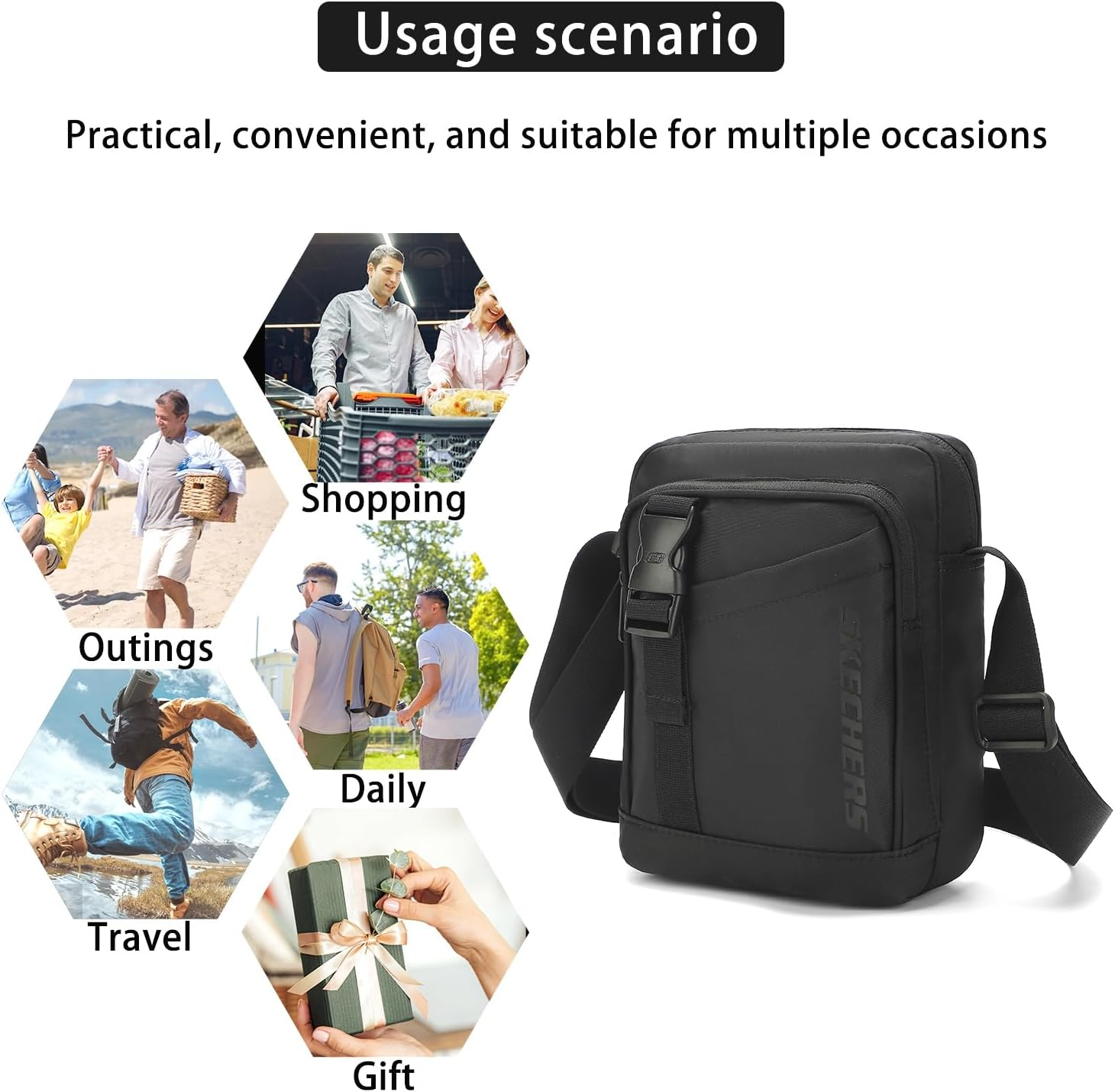 SKECHERS Waterproof Crossbody Messenger Bag for Men/Women, Small Shoulder Satchel Bag for Work/Sports/Travel, Casual Zipper Daypack Purse for Hiking/Cycling/Mountaineering image number 2