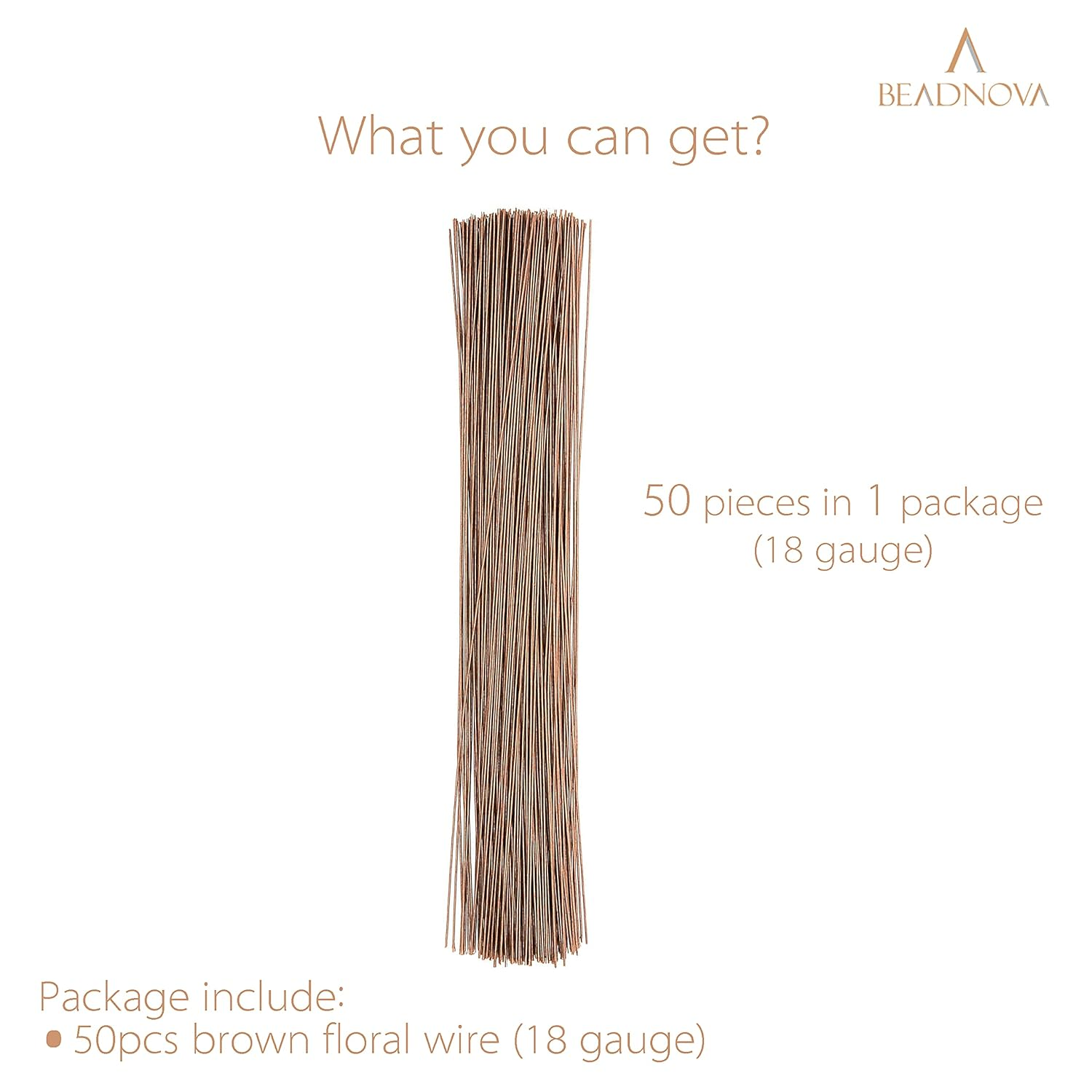 BEADNOVA Fake Flower Stems 50Pcs 18 Gauge Floral Wire Stems Flower Wire for Crafts Arrangement Florist DIY Bouquet (Brown, 50 Pcs)