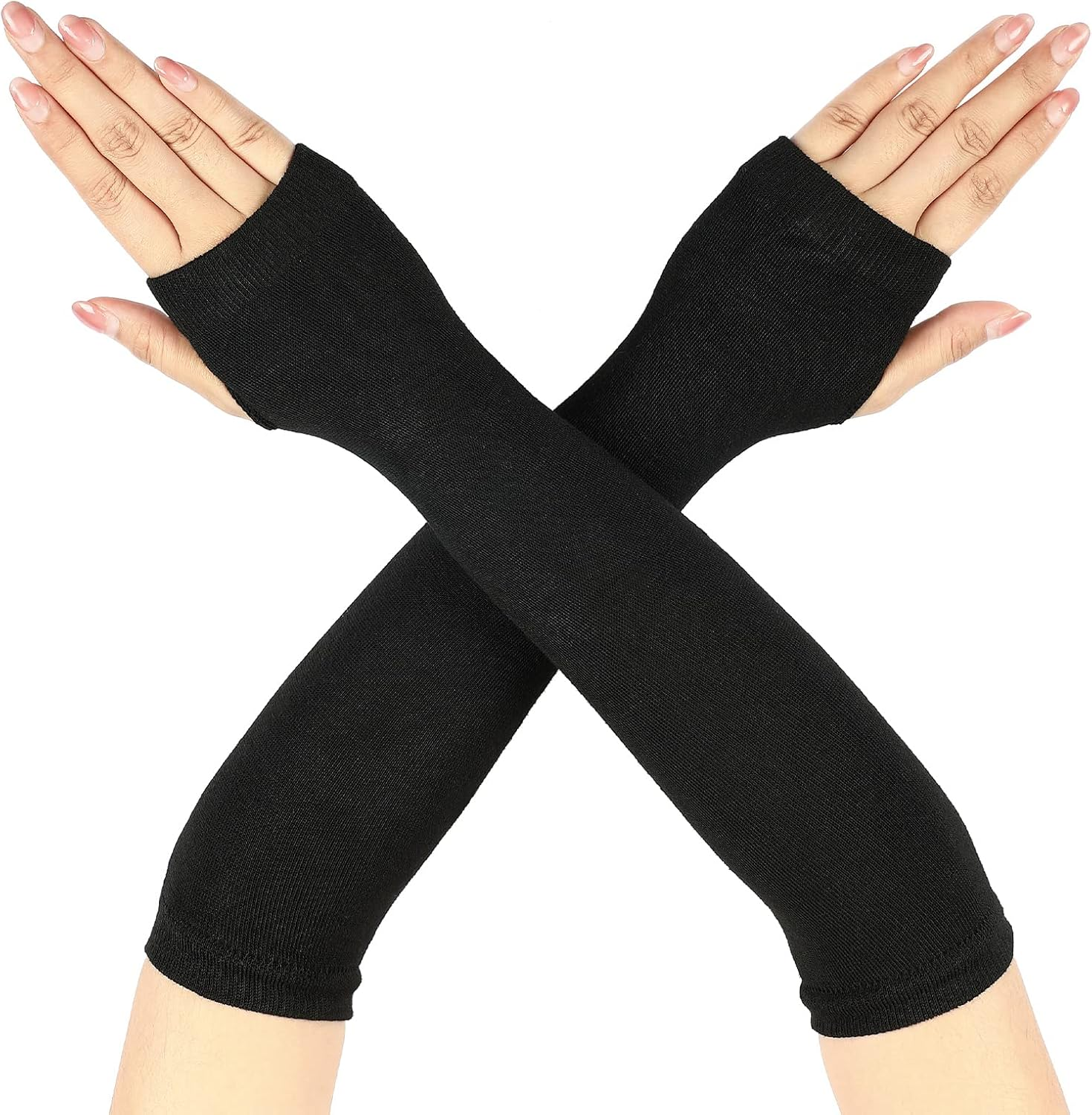 Long Black Fingerless Gloves Arm Warmers Elbow Length Winter Thermal Stretchy Knitted Gloves with Thumb Hole for Women image number 5