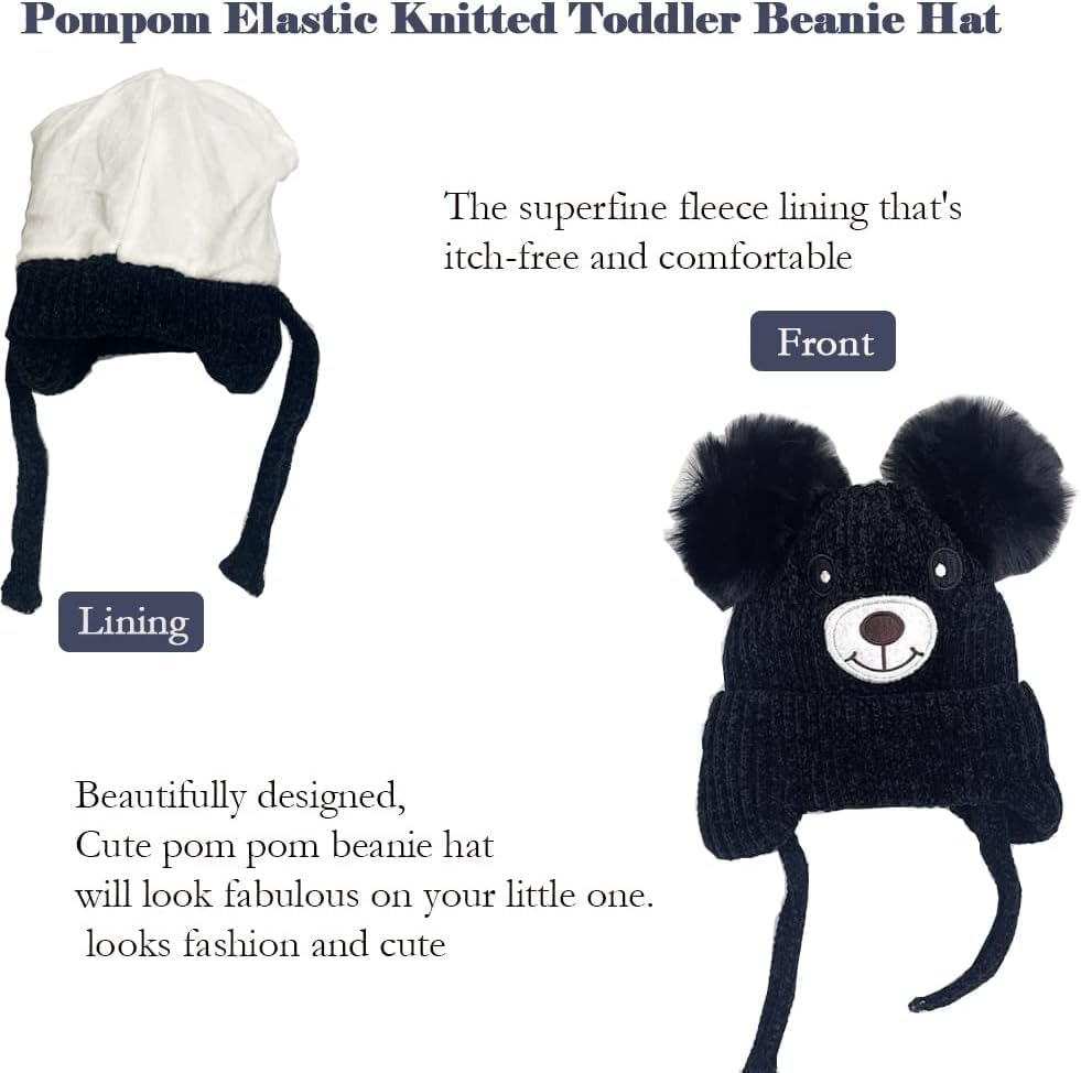 Cute Bear Kids Winter Fleece Lined Knitted Hat with Ear Flaps Dual Pom-Pom Chenille Furry Beanie Earflap Warm Beanie Hat with Strap Cold Weather Warm Hat for 1-5 Y Infant Toddler Boys Girls - Black image number 3