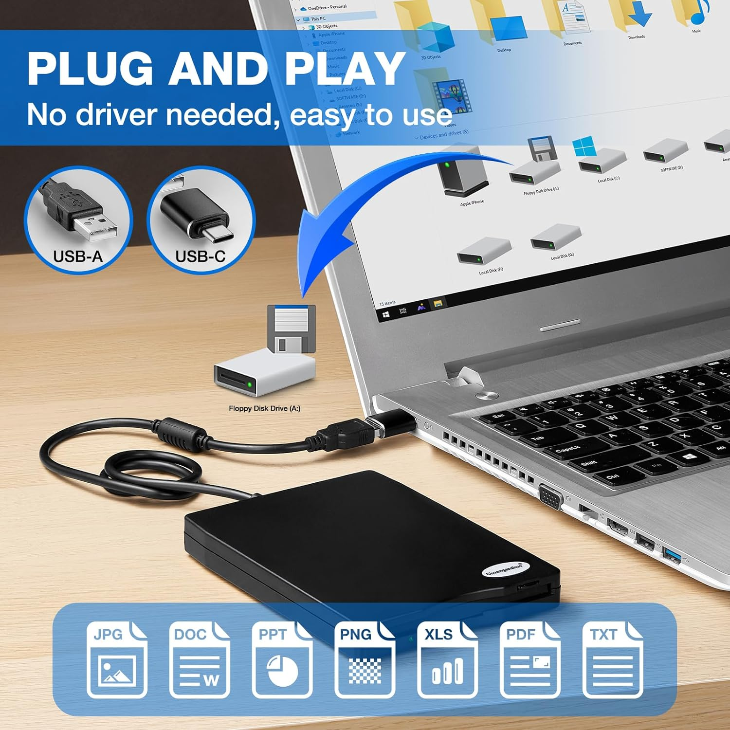 3.5 USB External Floppy Disk Drive Portable 1.44 MB FDD for PC Windows 2000/Xp/Vista/7/8/10For Macno Extra Driver Requiredplug and Playblack image number 3