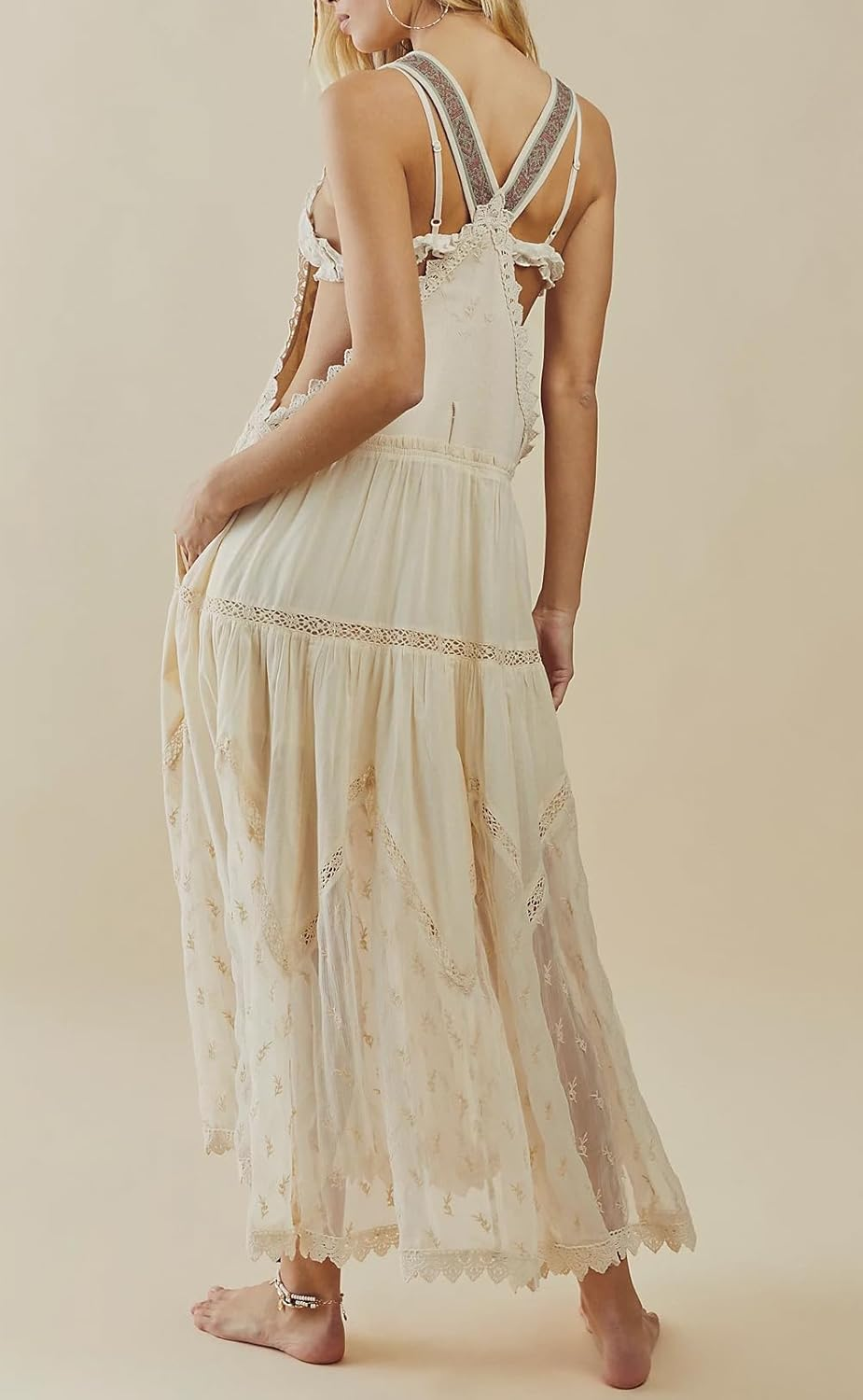 CHARTOU Women'S Bib Overall Jumper Babydoll Pinafore Embroidered Lace Maternity Straps Suspender Dress image number 6