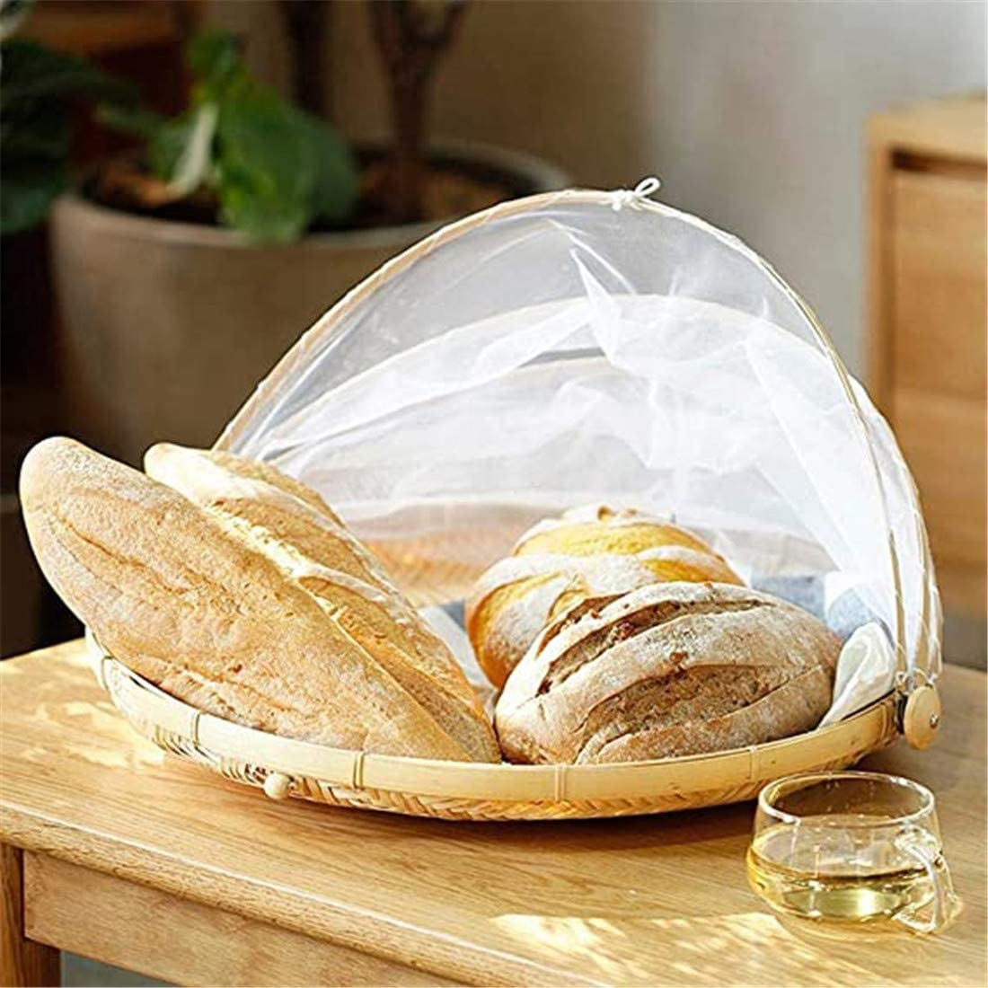 Hand-Woven Bamboo Tent Basket with Mesh Gauze Cover - Insect Proof, Dustproof round Picnic Basket for Vegetables, Fruits, Bread (40 Cm) image number 1