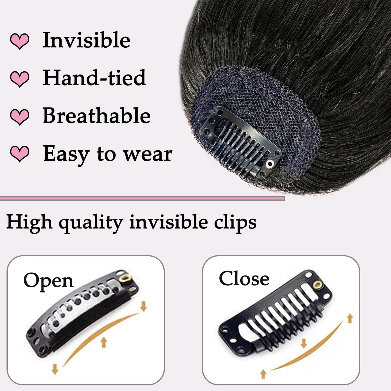 ORIGEN Real Human Hair Clip in Bangs, Brown Black, WIG, Straight, Strikes image number 2