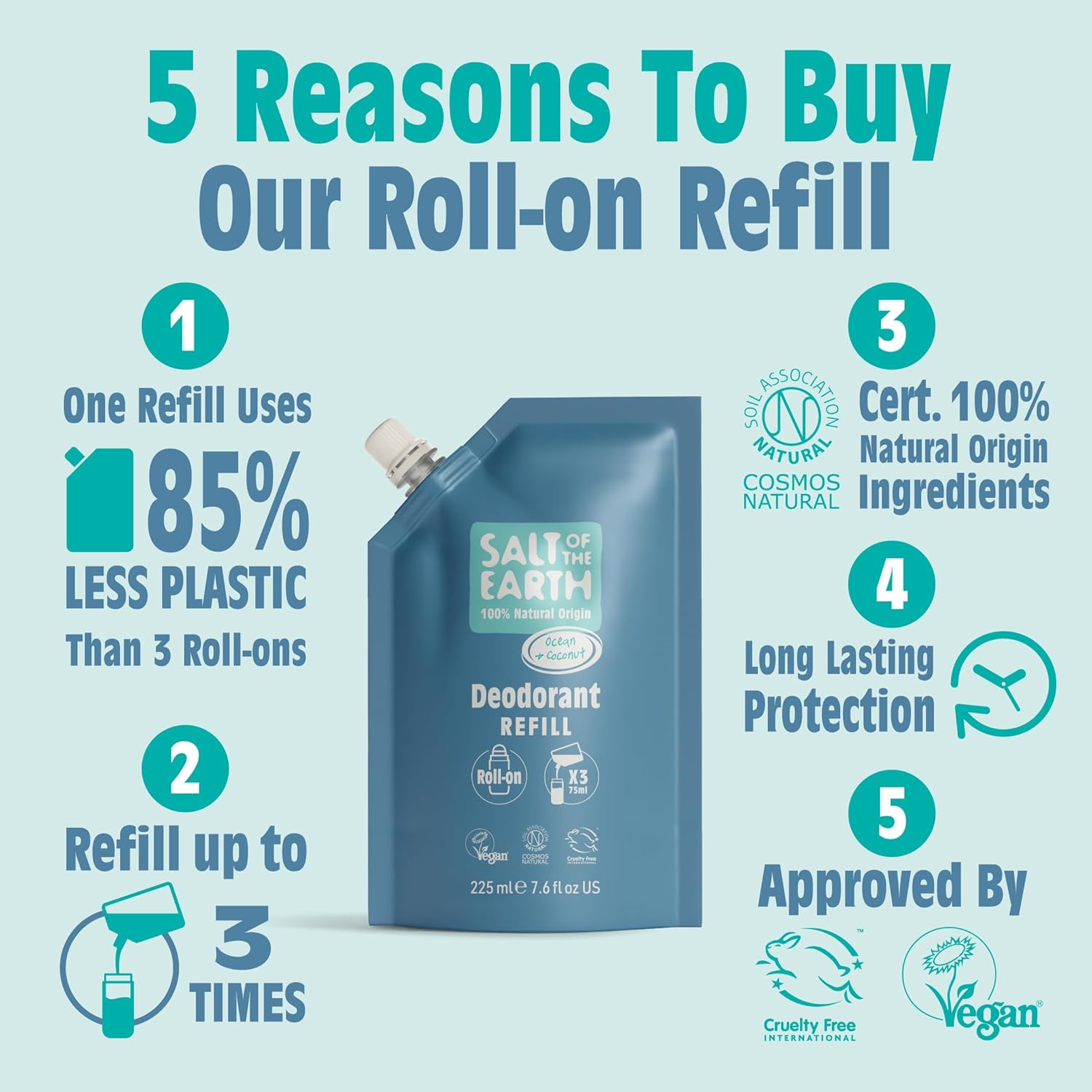 Salt of the Earth Natural Roller Deodorant Refill Bags - 3 Uses - Ocean & Coconut - Vegan, Long Lasting Protection, Leaping Bunny Certified, Made in the UK - 22 image number 1