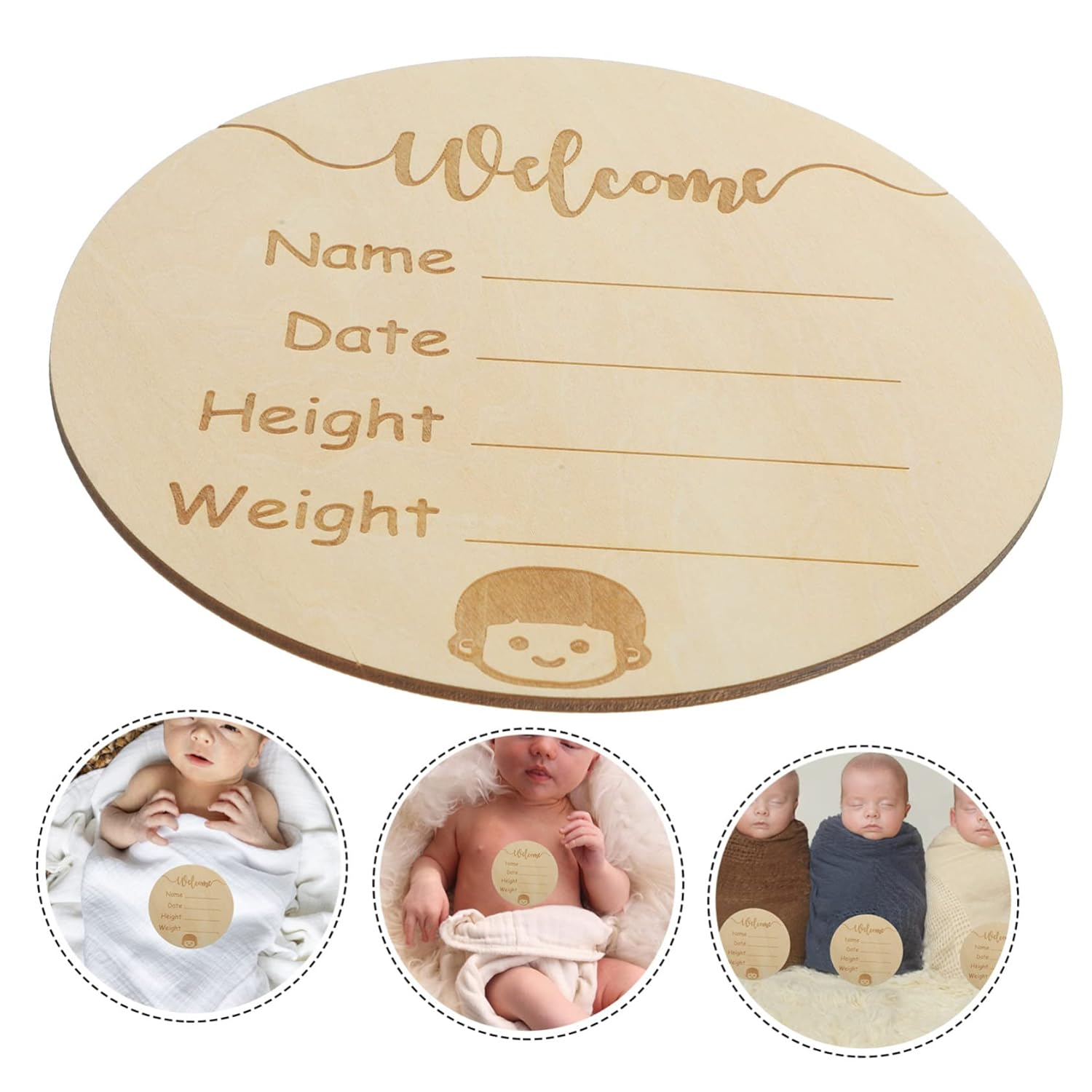 ERINGOGO Creative round Wooden Birth Announcement Sign Nursery Plaque for Name Photo Prop for and Celebrate image number 2