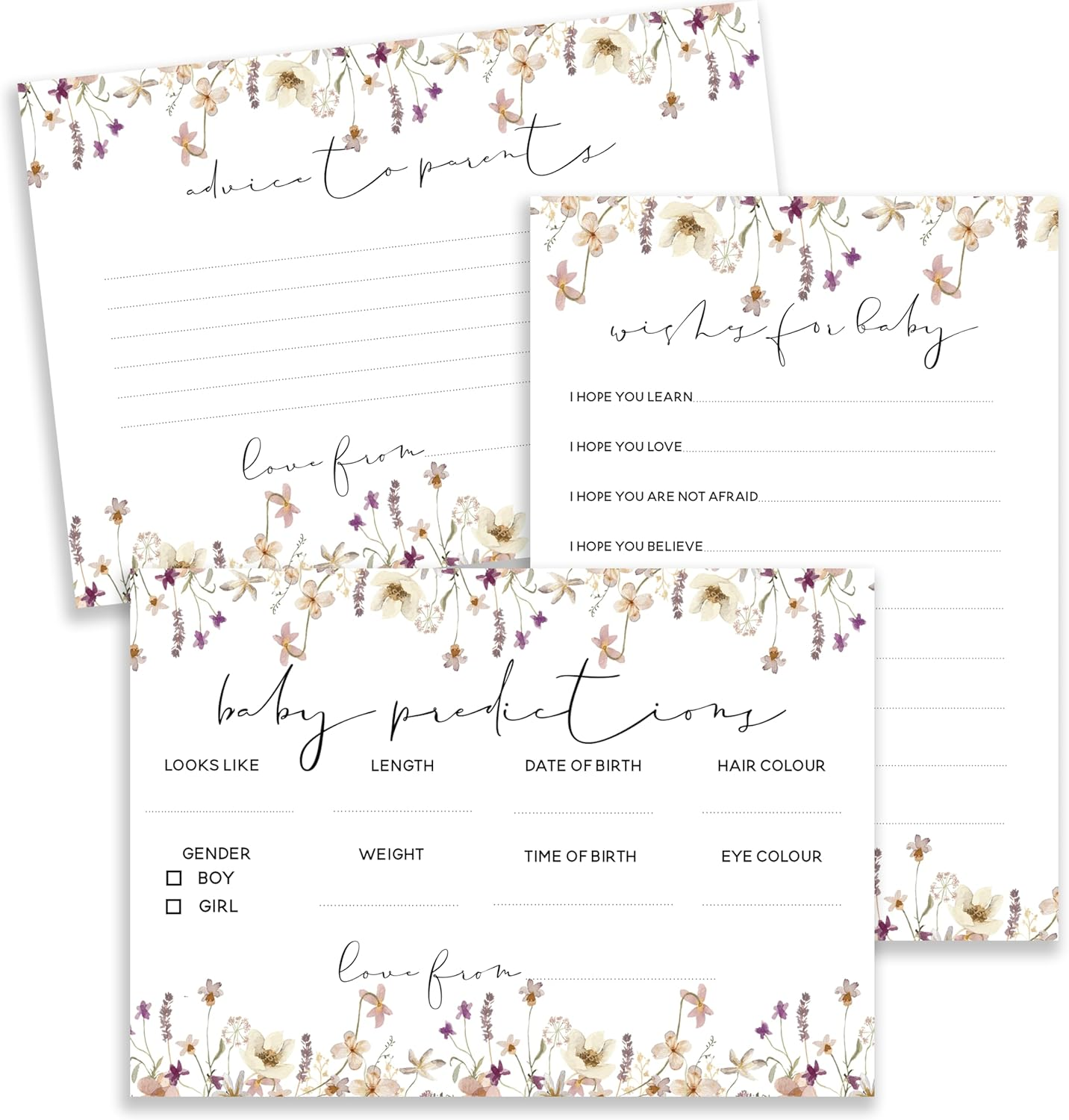Baby Shower Triple Game Pack - Advice to Parents Cards/Predictions/Wishes for Baby-Wild Flower Boho Design-Unisex (BSWFTR20) image number 2