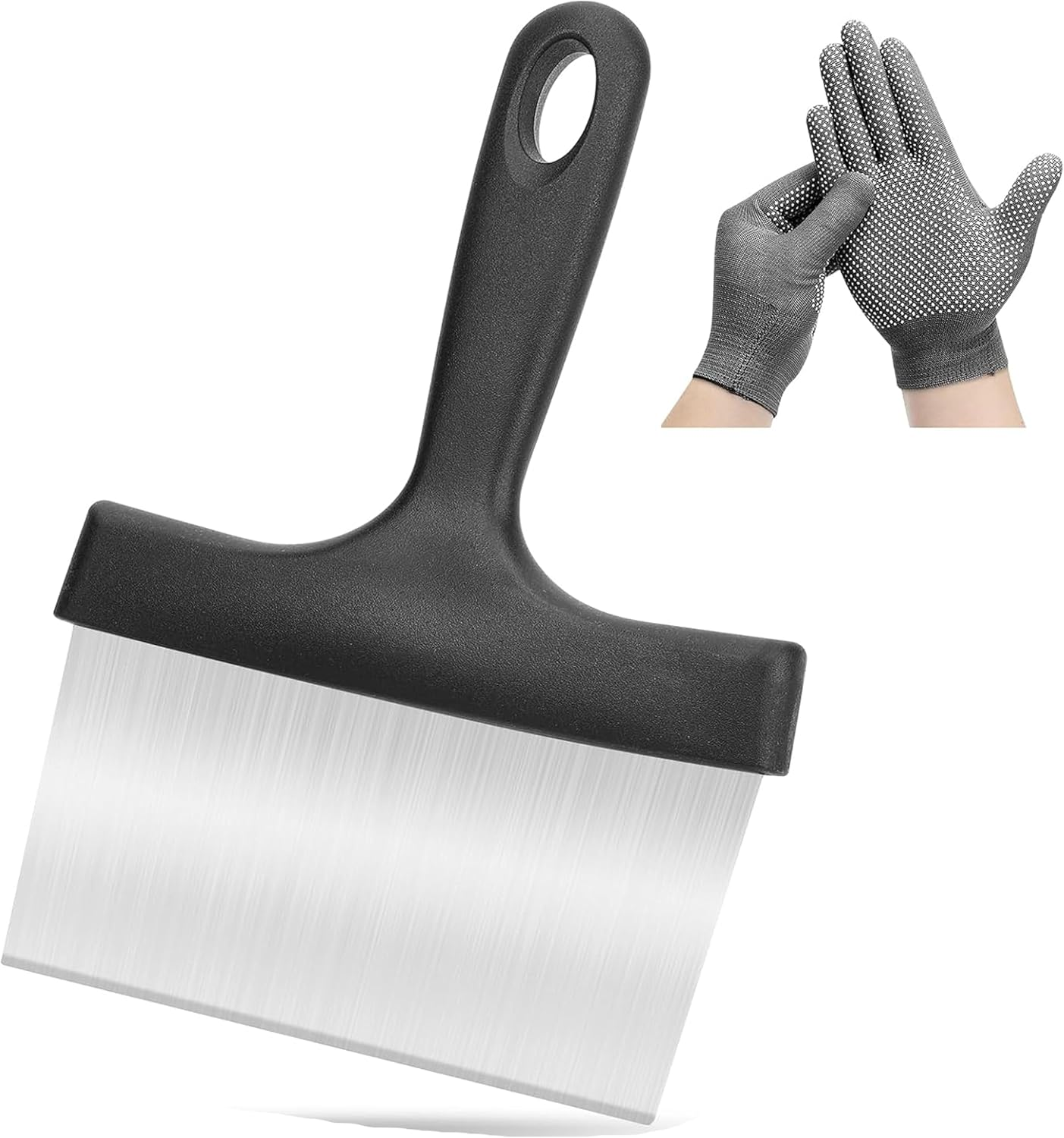 Quhoxdye Griddle Scraper, Stainless Steel Barbeque Food Scraper with Gloves, Steel Spatula with Handle, Sturdy Food Scraper Tool Kitchen for Grill Accessories, Outdoor Barbecue Turners Tools (Black) image number 6