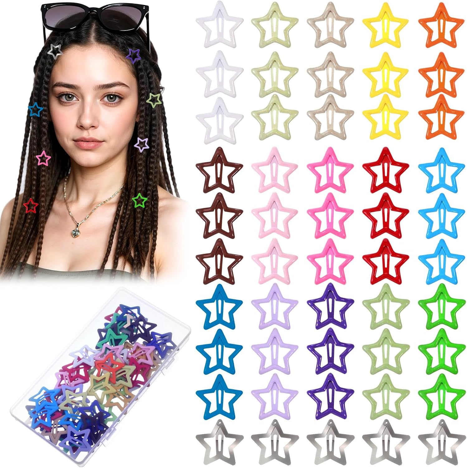 YUXIANLB 50PCS Colorful Star Hair Clips for Women Star Snap Barrettes Shiny Hair Clips Stars Hairs Accessories Cute Stars Y2K Accessories for Girls Non-Slip Metal Barrettes Kawaii Rave Hairclip image number 3