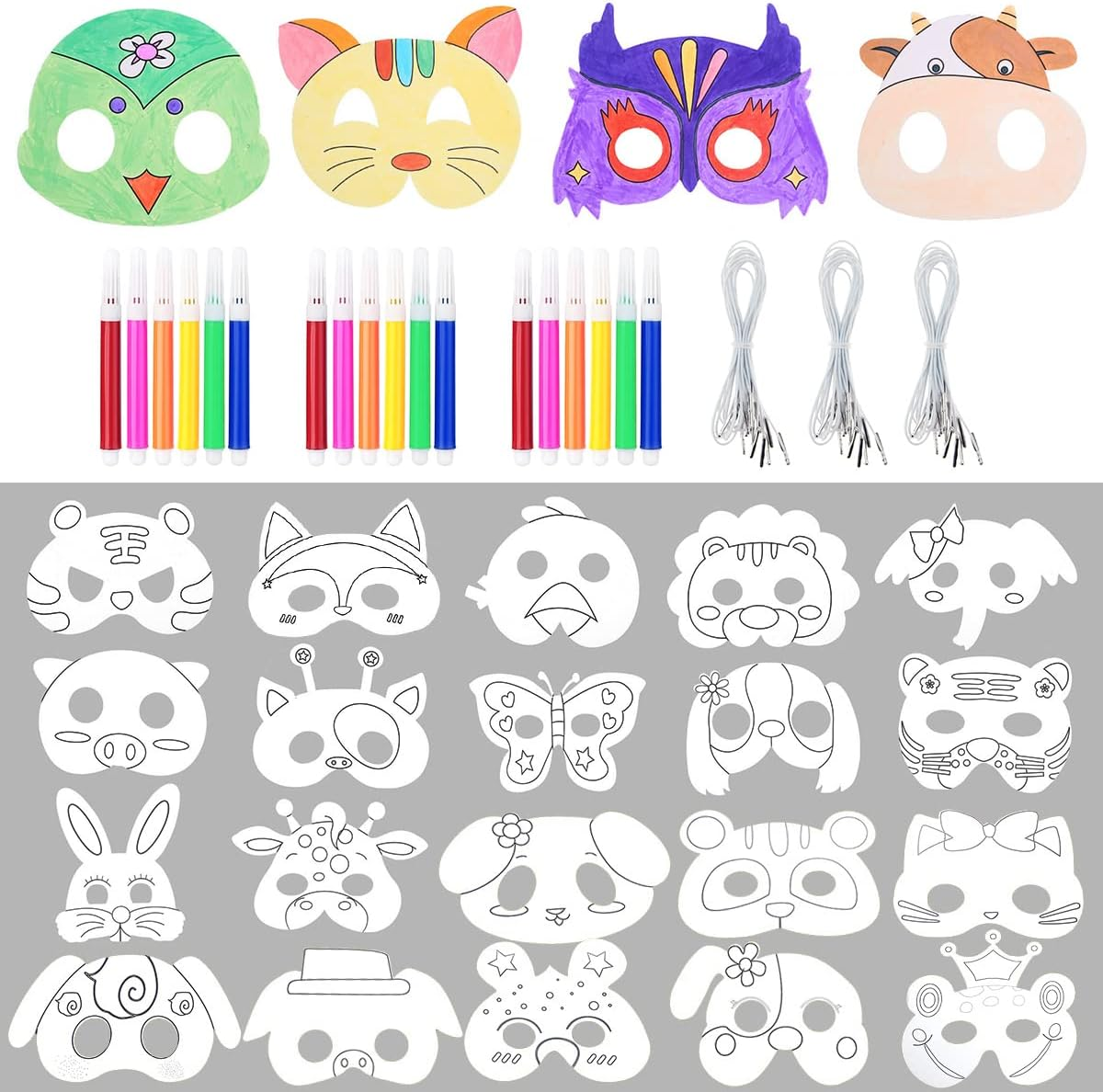 Fantasyon 66Pcs Animal Masks Set for Kids DIY Colour-In White Card Graffiti Hand Painting Art Craft for Halloween Decorations Birthday Party Safari Jungle Forest Theme Dress-Up image number 5