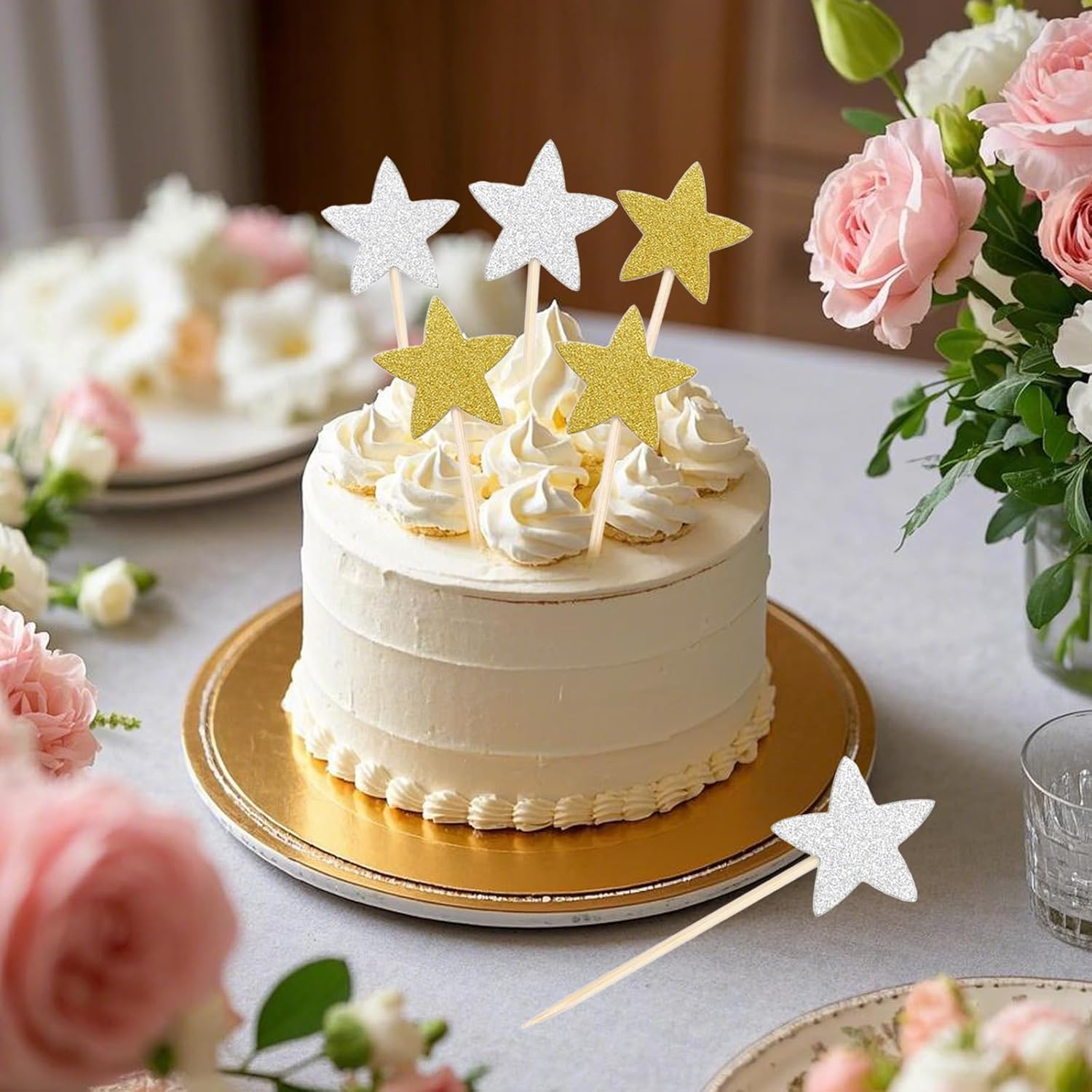 50 Pcs Star Cupcake Toppers Assembly Sparkling Star Cupcake Picks for Wedding Baby Shower Birthday Party Cake Decorations Supplies(Gold,Silver) image number 2