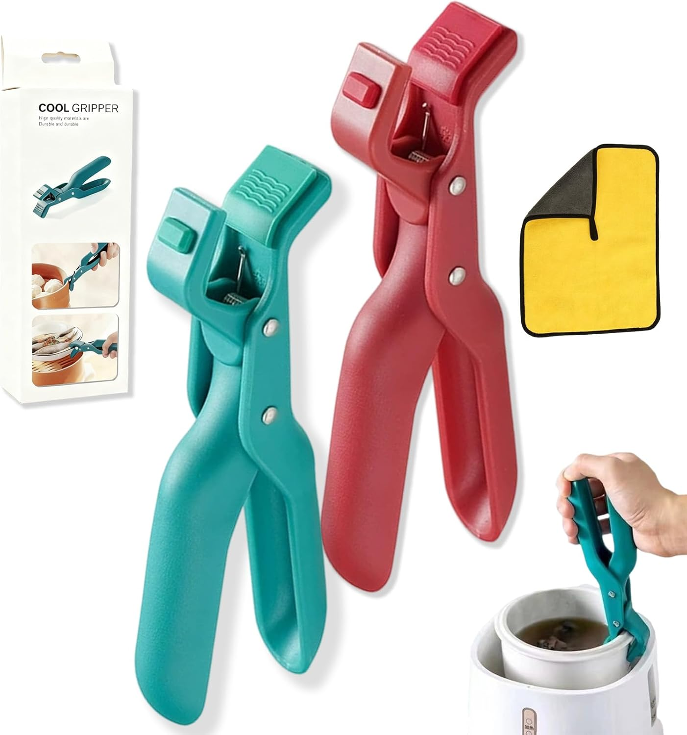 Multi Angle Hot Plate Gripper, Hot Plate Gripper Tongs, Multi-Purpose Hot anti Scald Bowl Holder Clip for Kitchen, Secure Grip & Non Slip for Dishes, Plates (2, Green&Red)