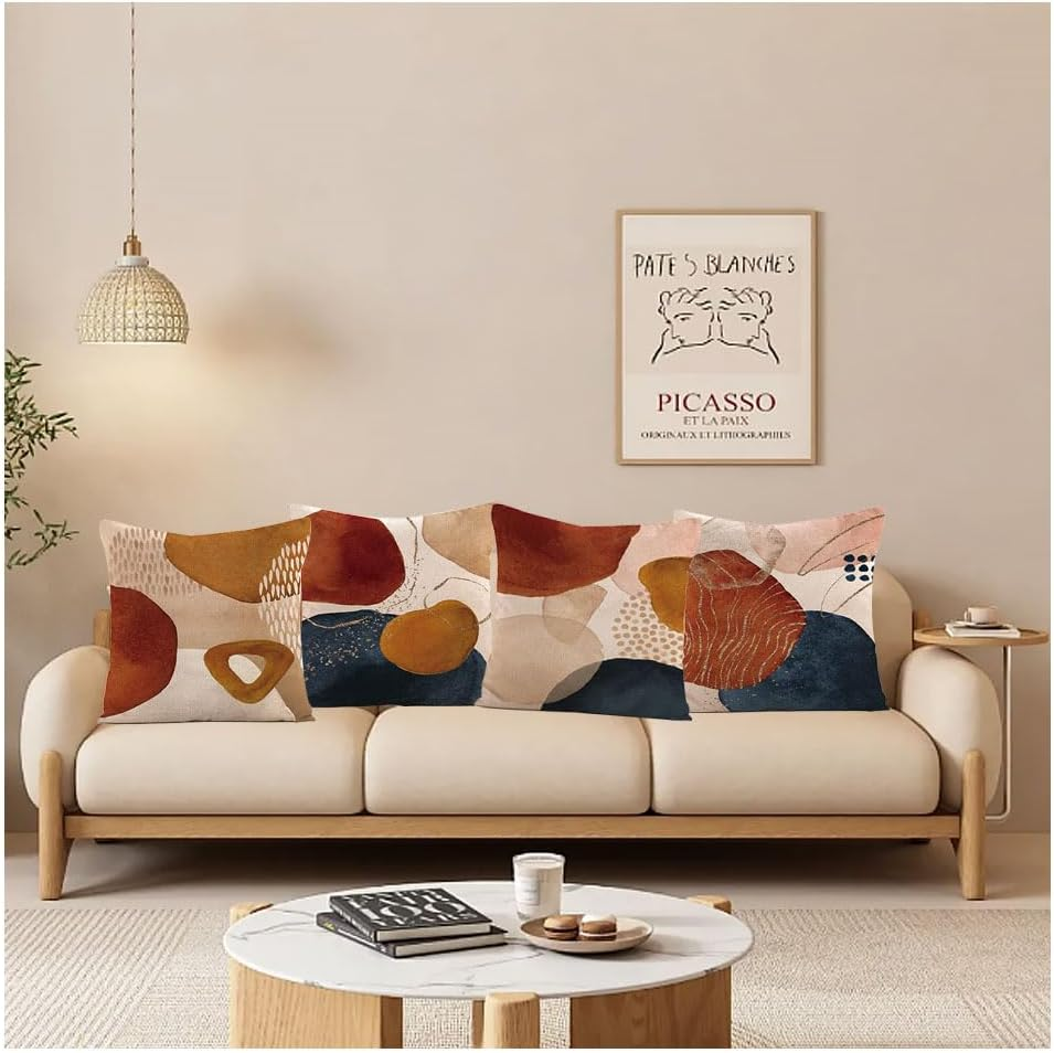 4Pcs Boho Cushion Cover, 45 X 45 Cm,Mid Century Abstract Aesthetic Navy Blue Burnt Orange Cushion Covers Geometric Minimalist Modern Art Linen Cushion for Sofa Couch Home