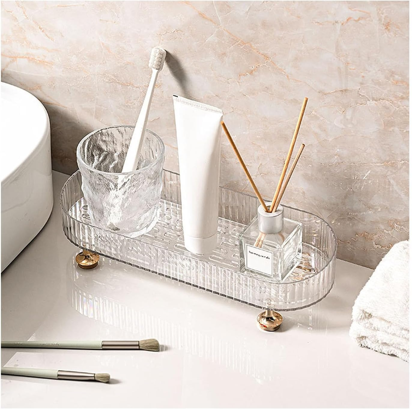 Makeup Perfume Organizer Tray, Small Bathroom Trays for Counter, Decorative Perfume Holders, Vanity Make up Organizer for Skincare and Cosmetics (Clear)