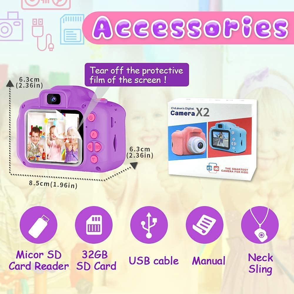 Upgrade Kids Selfie Camera, Christmas Birthday Gifts Toys for Children, HD Digital Video Cameras for Toddler, Portable Toy for 3 4 5 6 7 8 Year Old Boy Girl with 32GB SD Card (Purple) - Purple image number 5