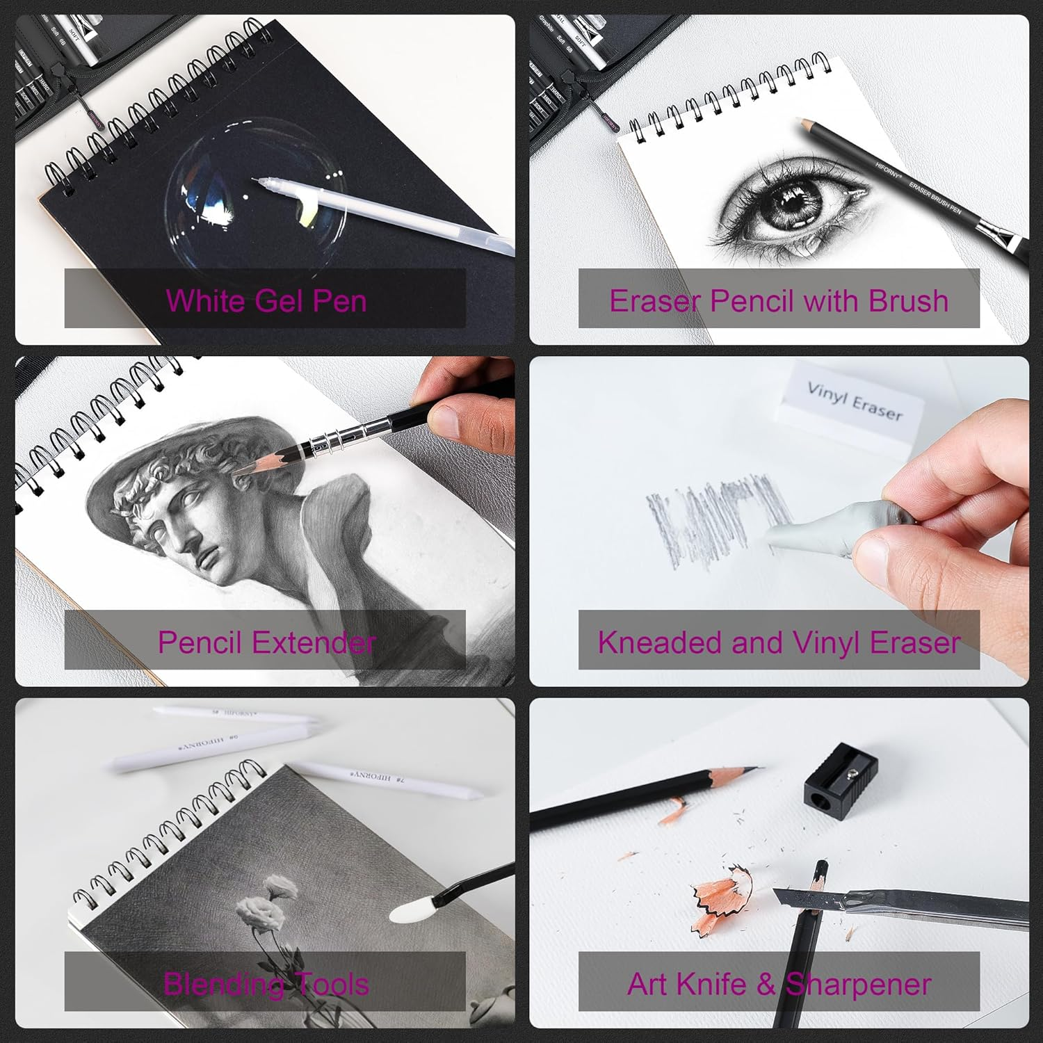 58 PCS Drawing Kit Sketching Pencil Set,Sketch Pencils Art Supplies with 3-Color Sketchbook,Graphite,Charcoal,Blending Tools,Drawing Pencils for Adults Artists image number 4