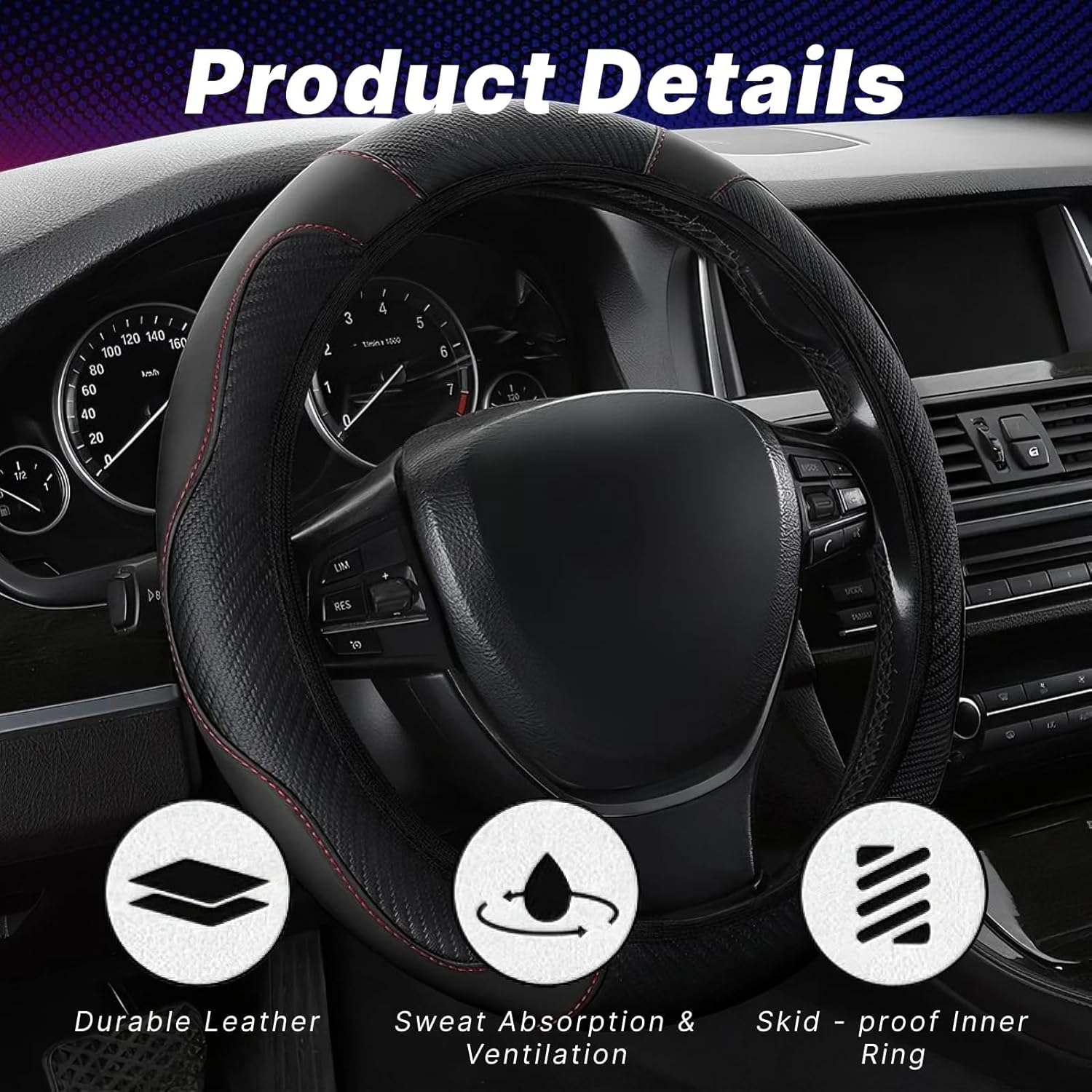 Luxury Car Steering Wheel Cover, Anti-Slip, Breathable Microfiber Leather, Heavy Duty, Thick Full Surround Cover, Sports Style, Fits 15 Inch Wheels, Enhance Your Driving Experience (Black) image number 5