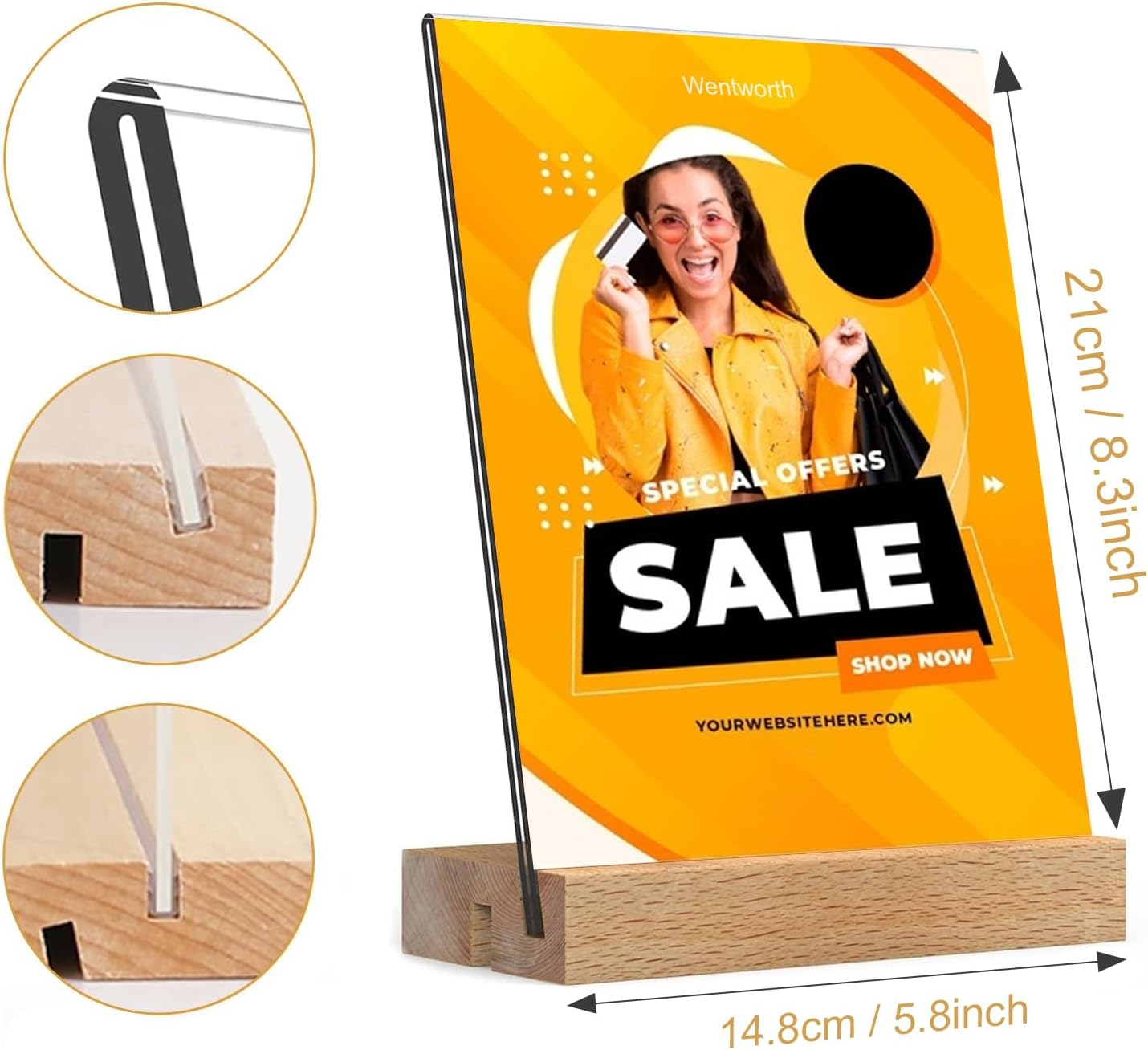 3 Pack Acrylic Sign Holder&ndash; Double-Sided Tabletop Display Stand with Wooden Base, Vertical & Slant Back &ndash; Perfect for Wedding Menus, Table Numbers, Restaurants, Retail, Office, Vendor Booth, QR Codes image number 3