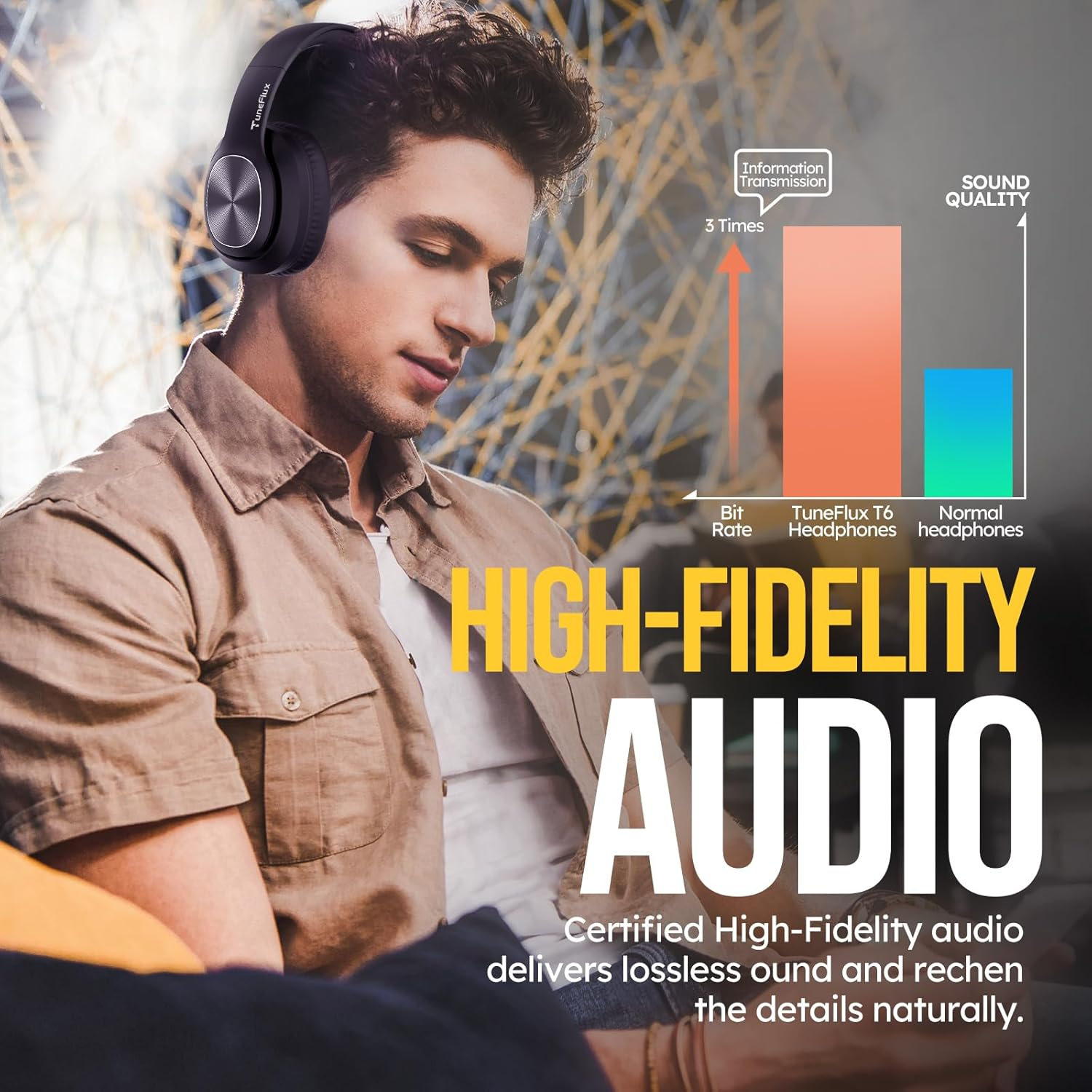 Tuneflux Bluetooth Headphones over Ear, 80 Hours Battery Life, Wireless Bluetooth Headphones with 3 EQ Modes, Hifi Stereo, Built-In Microphone, Foldable Wireless Headphones, Black image number 3