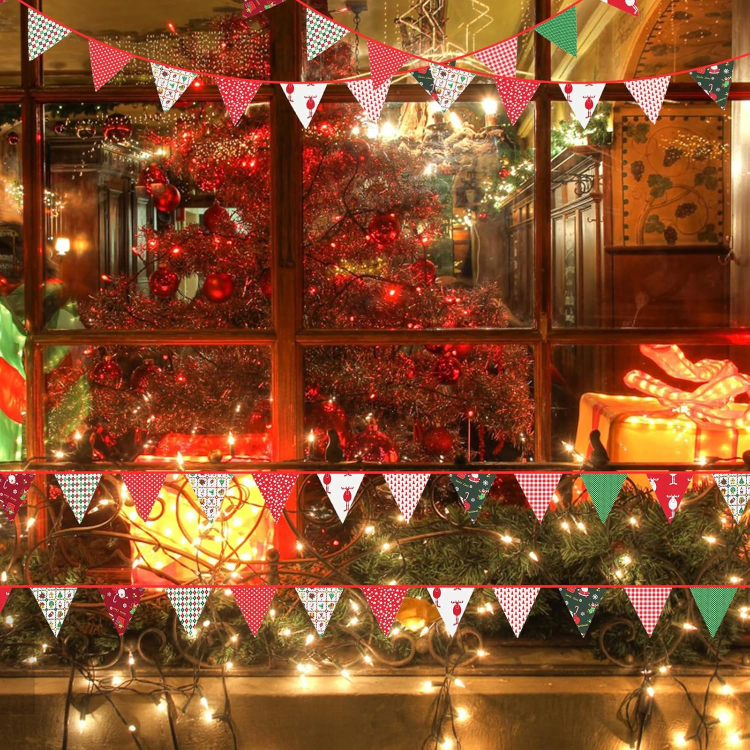 GCQQ 40 Ft Christmas Fabric Banner, 42Pcs Large Pennant Banner Flags, 14 Different Floral Banner Garland, Vintage Christmas Bunting, Fabric Pennant Banner for Party, Home, Outdoor