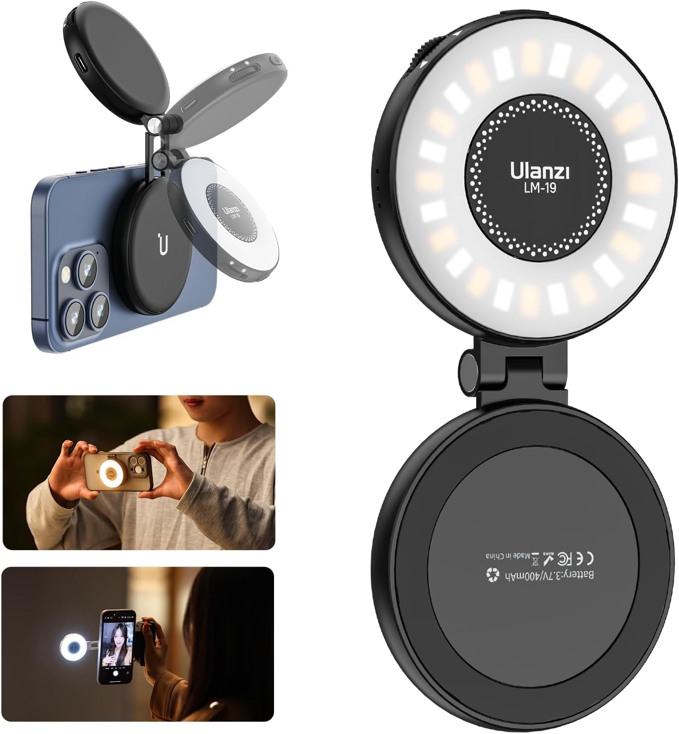 ULANZI LM19 Magnetic Selfie Light, LED Fill Light Compatible with Magsafe, LED Selfie Ring Light Included Sticky Ring for Phones, for Selfies/Photography/Tiktok/Zoom Calls/Video Conference Color Black image number 3