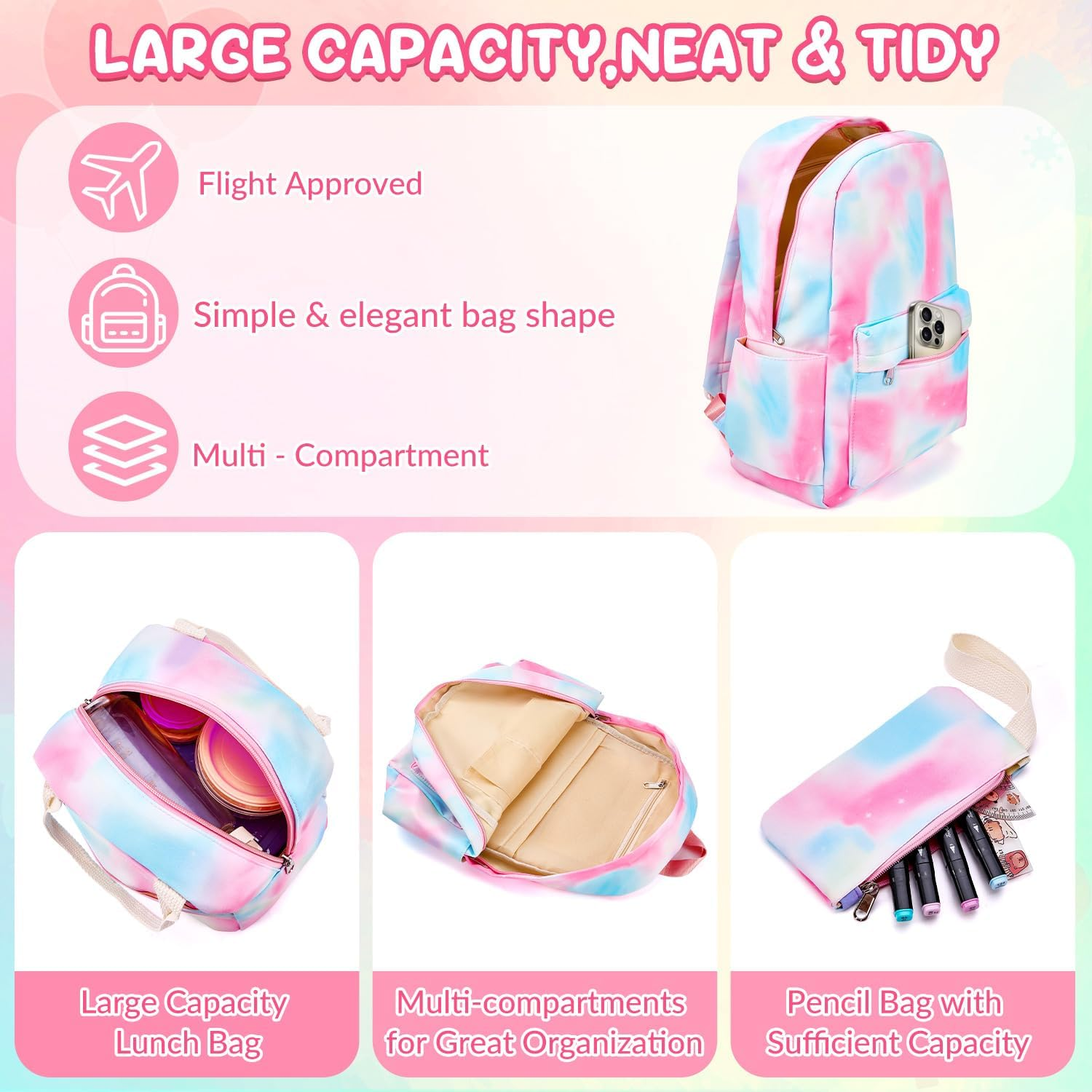 WOTOW Kids Backpack for Girls, Waterproof Large Capacity Schoolbags with Lunch Bag, Pencil Pouch & Card Case, Cute Stationery Set for Children Teens Kindergarten to Middle School - White Strawberry image number 3