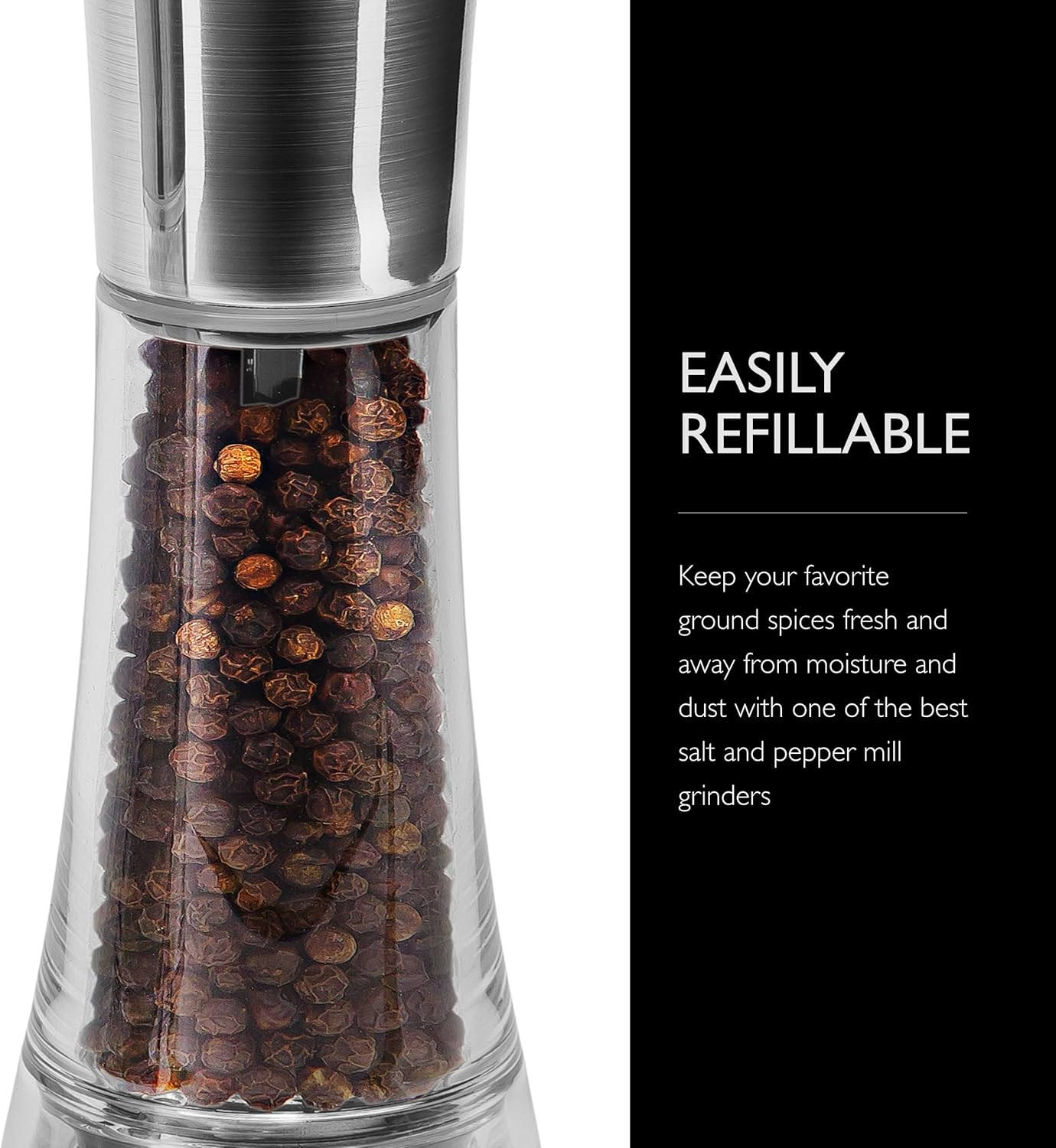 Cole & Mason Salt & Pepper Mill Grinders Gift Set - Adjustable Grind | Pre-Filled with Pepper & Salt | Clear Acrylic and Stainless Steel Design | Easy-To-Refill | Comes with Gift Box | Clear/Black image number 6