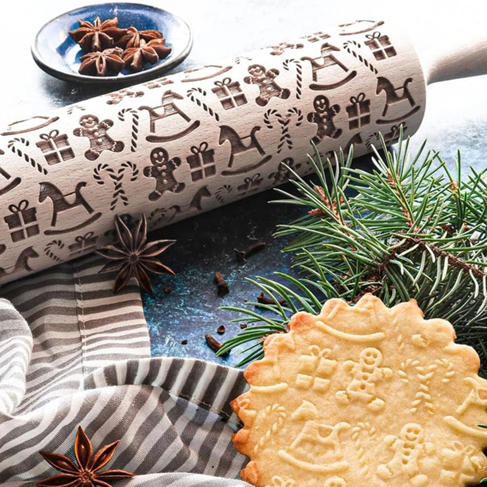 Christmas Wooden Rolling Pin for Baking Engraved Embossing Rolling Pin Cookie Stamps Roller Square Grid Cookies Mold Kitchen Decor Tools for Baking Embossed Cookies (Gingerbread Man) image number 3