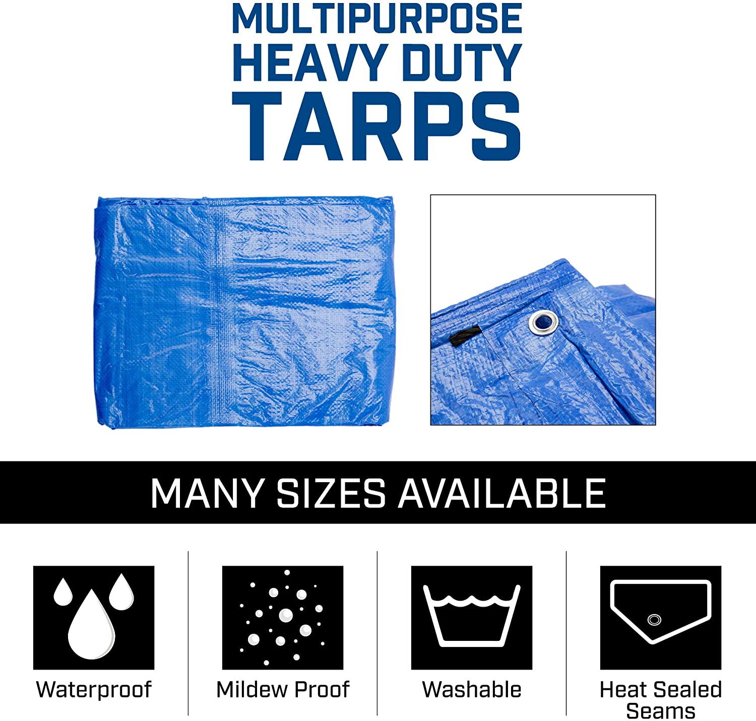 B-Air Grizzly Tarps by 9' X 12' Large Multi-Purpose Waterproof Heavy Duty Poly Tarp with Grommets Every 36", 8X8 Weave, 5 Mil Thick, for Home, Boats, Cars, Camping, Protective Cover, Blue image number 4