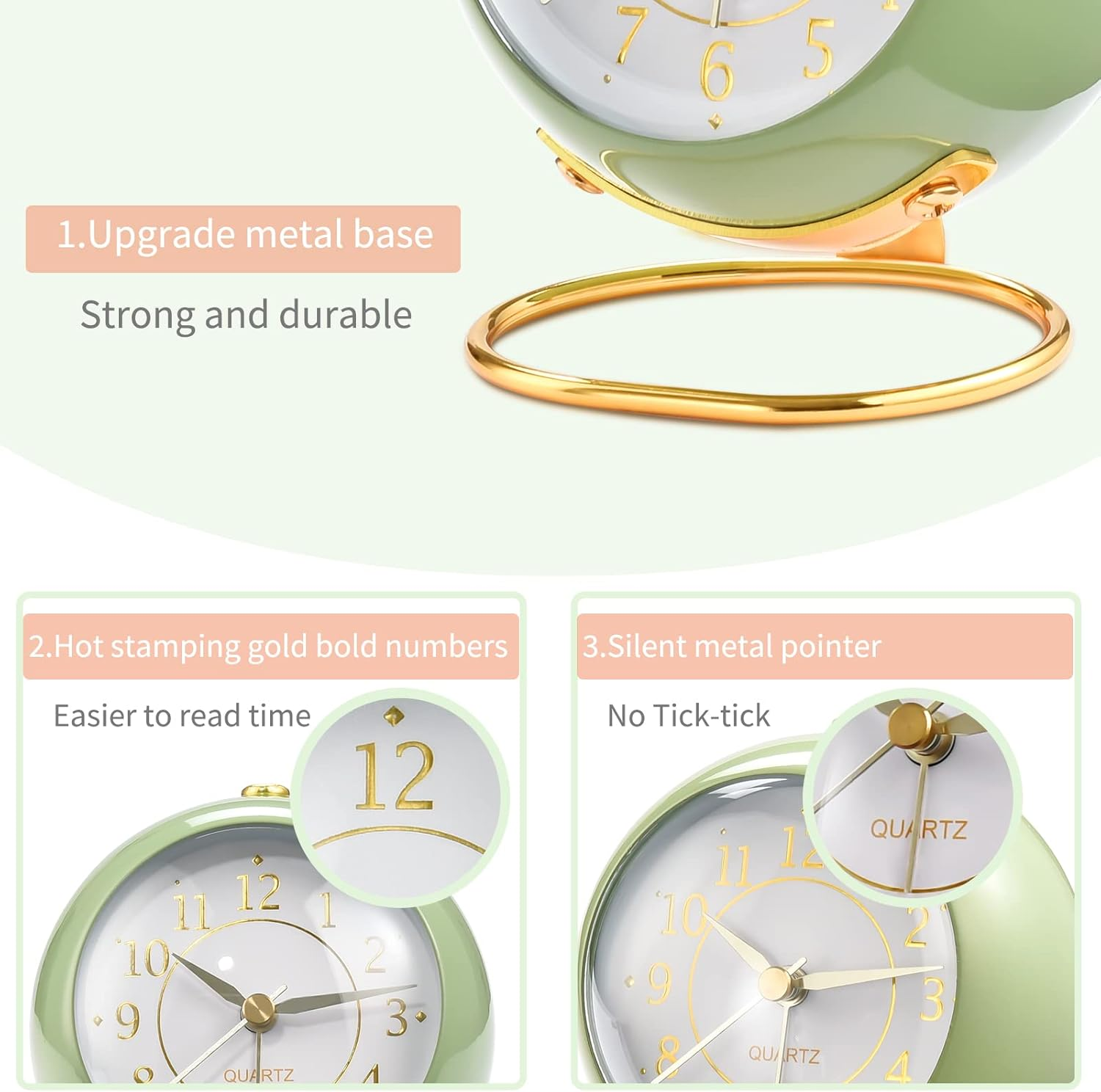 Analog Alarm Clocks,Retro Backlight Cute Simple Design Small Desk Clock with Night Light,Silent Non-Ticking,Battery Powered,For Kids,Bedroom,Travel,Kitchen,Bedside Desktop.(Green)