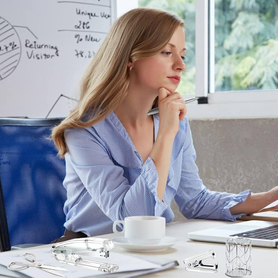 FACAICAI Rose Gold Desk Accessories，Office Supplies Set Acrylic Stapler Set Staple Remover, Tape Holder, 2 Ballpoint Pen, Scissor, Binder/Paper Clips and 1000Pcs Staples (Silver)