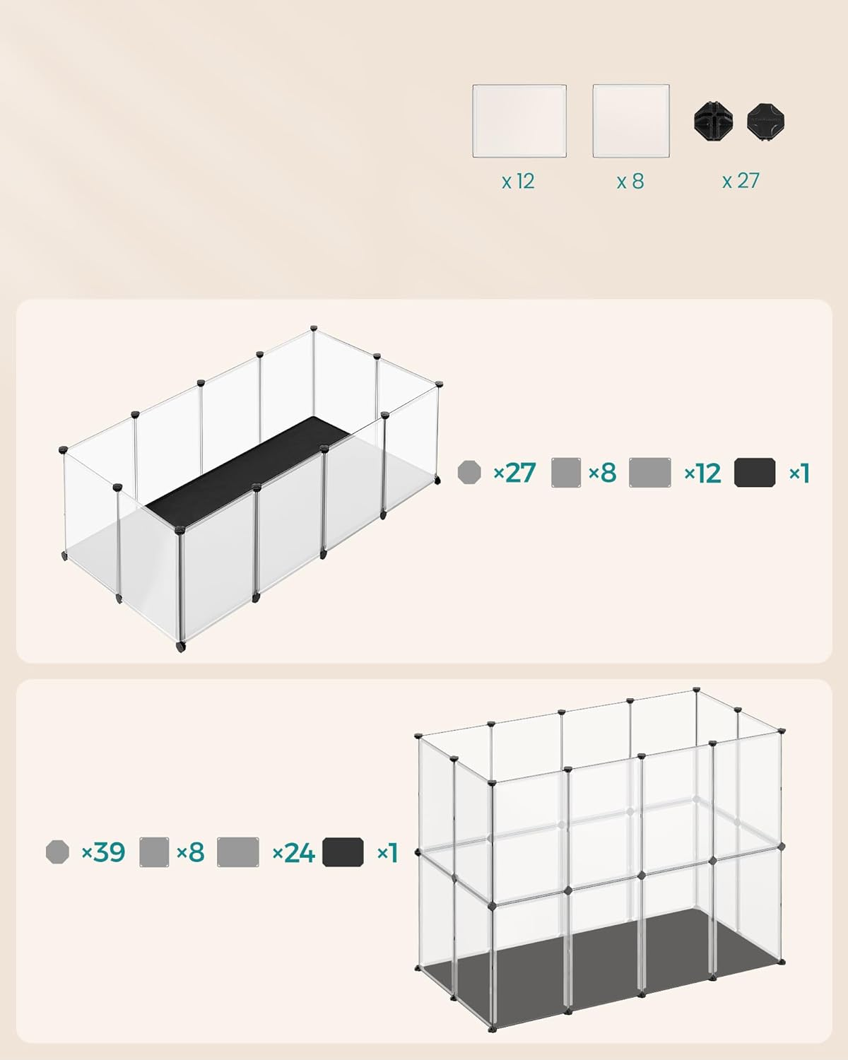SONGMICS Pet Playpen with Waterproof and Removable Floor and Mat, Small Animal Fence, for Hamsters, Rabbits, Hedgehogs, Guinea Pigs, 143 X 73 X 46 Cm, White LPC012W01 image number 5