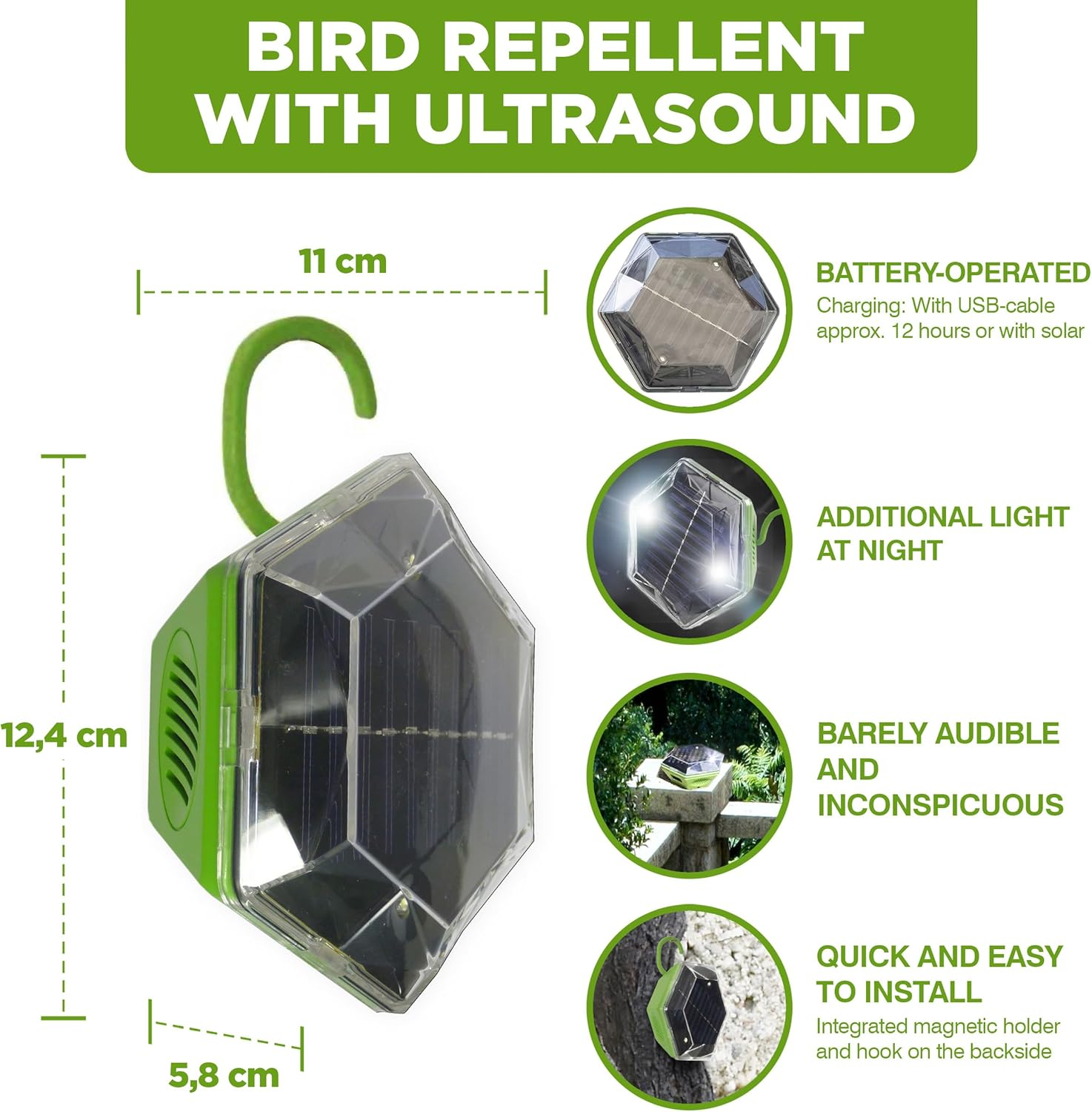 ISOTRONIC&reg; Ultrasonic Solar Bird Repeller Device, Portable Bird Deterrent, Pigeon Scarer - Pack of 1 Pcs. image number 1