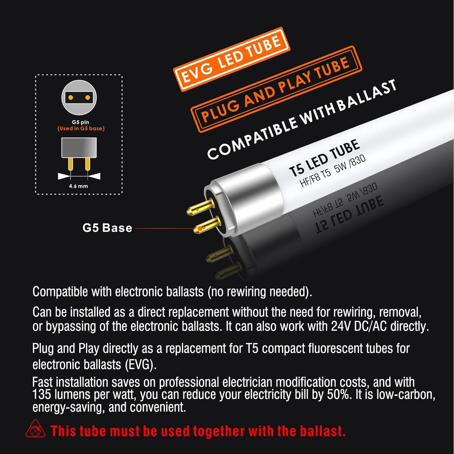 IHYCTV LED Tube T5 Short 288 Mm, Mini LED Tube, 5 W, 685 Lm, 6500 K, G5 Socket, Retrofit Replacement Classic 8 W T5 Bulbs for EVG, Low Voltage, 865 Daylight White, Pack of 1 image number 4