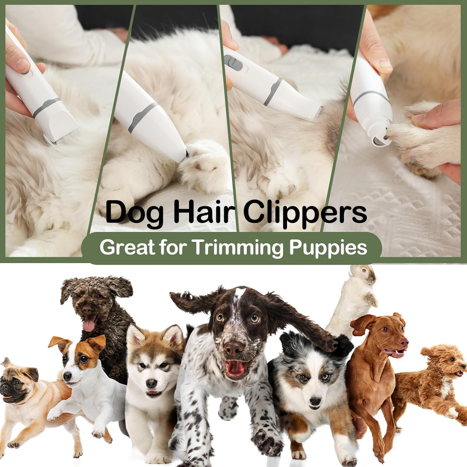 Dog Clippers Grooming Kit Hair Clipper - Pet Nail Sharpener and Shaver Set 4 in 1 Low Noise - Cordless Quiet Nail Grinder Shaver for Dogs, Cats and Other Pets