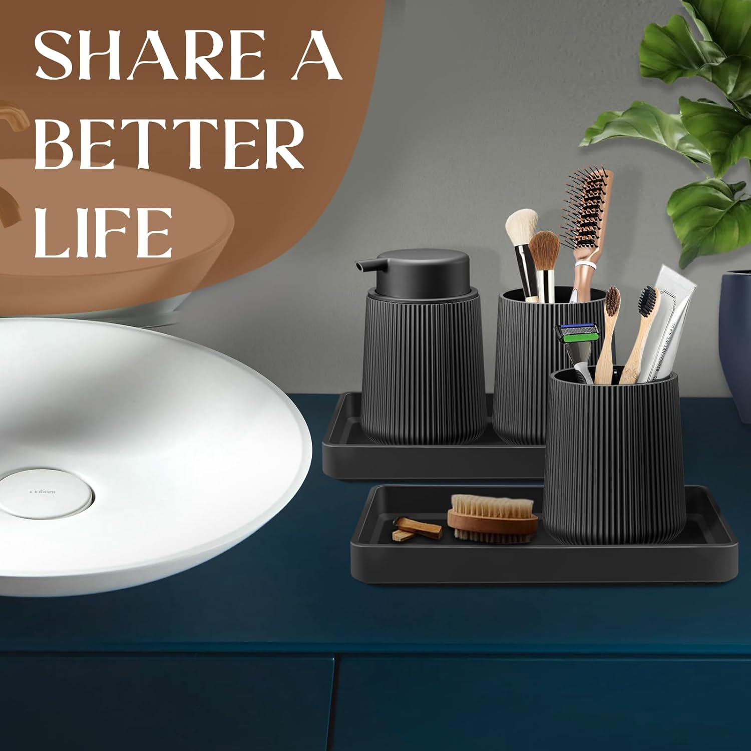 Black Bathroom Accessories Set - 3Pcs Bathroom Accessory Sets with Toothbrush Holder,Lotion Soap Dispenser,Qtip Holder Dispensr & Vanity Tray,Bathroom Countertop Vanity Oganizer - Matte Black image number 4