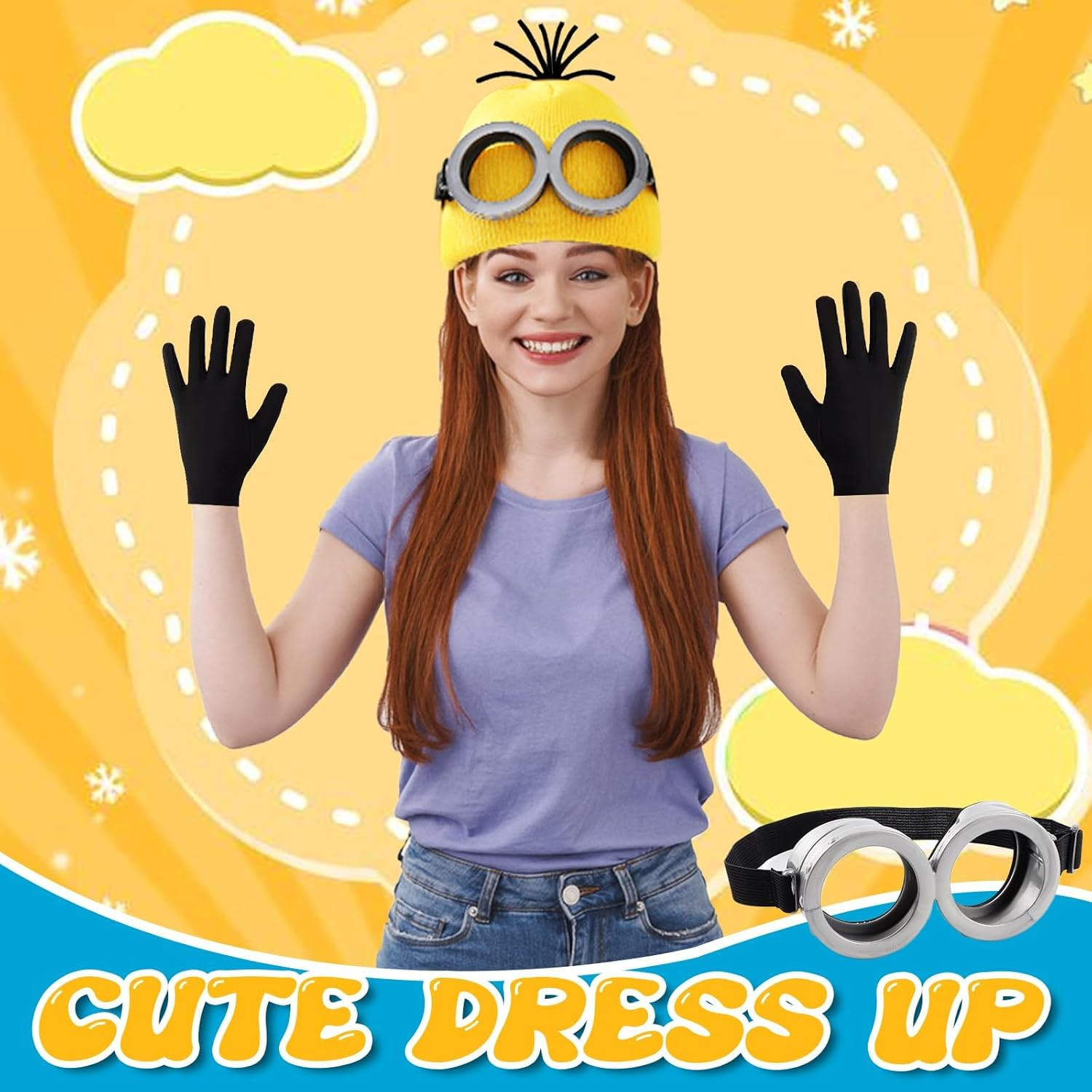 5PCS Yellow Costume Accessories, Fancy Dress Set with Eanie Knit Hats Goggles Gloves Blue Straps for Adult Halloween Cosplay Party World Book Day Dress up Outfits image number 4