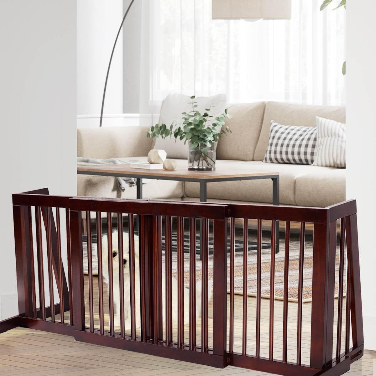 Costway 3 PCS Adjustable Pet Gate, Freestanding Pet Fence Made of Pine Wood, Step over Safety Gate for Small & Medium Pets, Non-Drilling Safety Gate for Stairs, Doorway, Corridor, Hallway, Kitchen