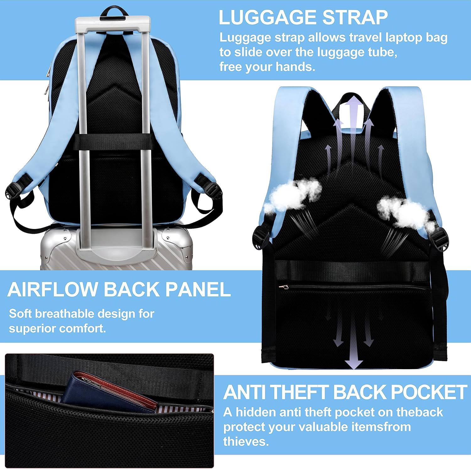 Laptop Backpack Purse for Women Men Waterproof Teacher Nurse Bag, 17.3 Inch Work Laptop Bag with USB Port, Business Travel Computer Backpack Light Blue image number 1