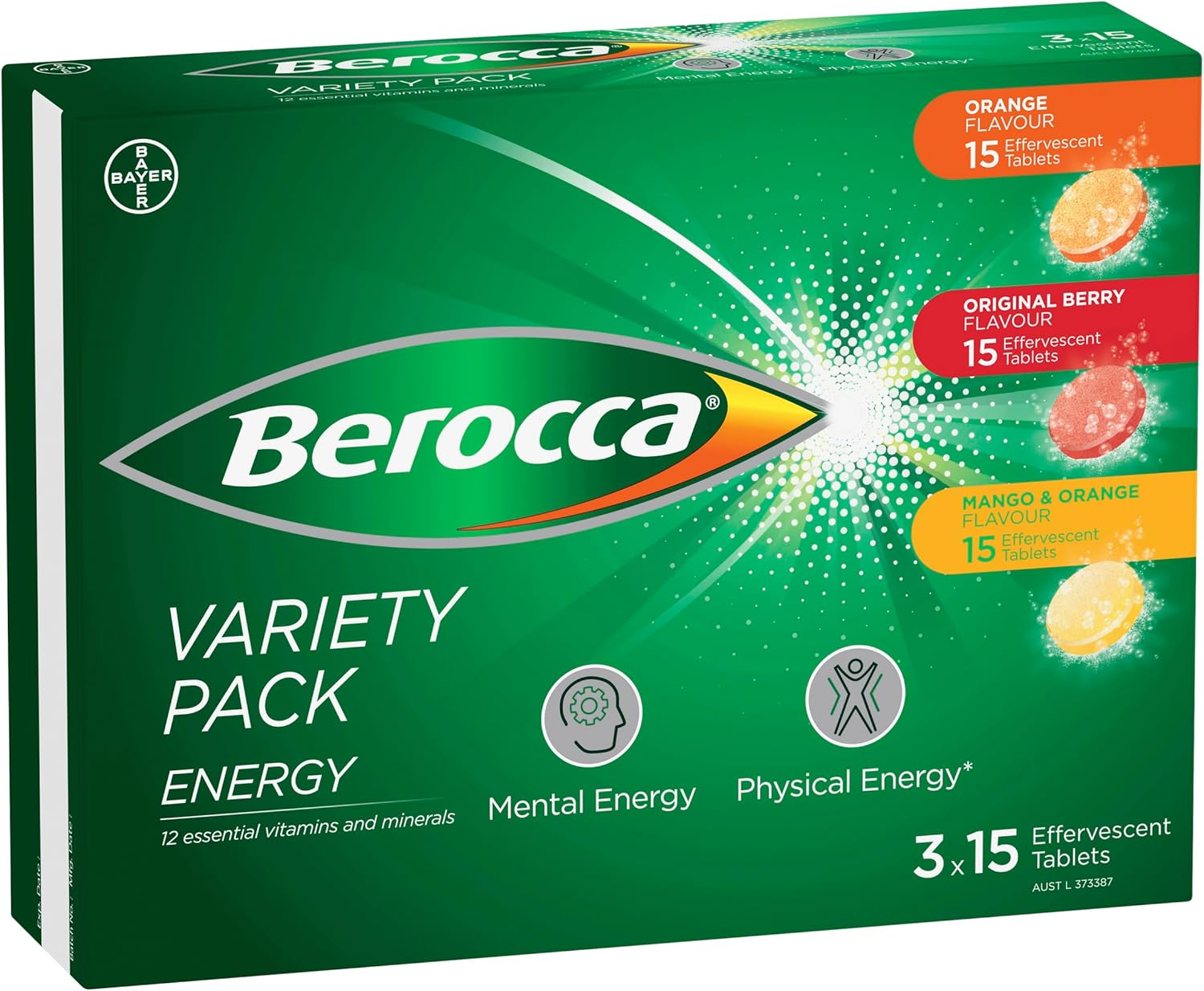 Berocca Energy Effervescent Tablets (3&times;15 Variety Pack)