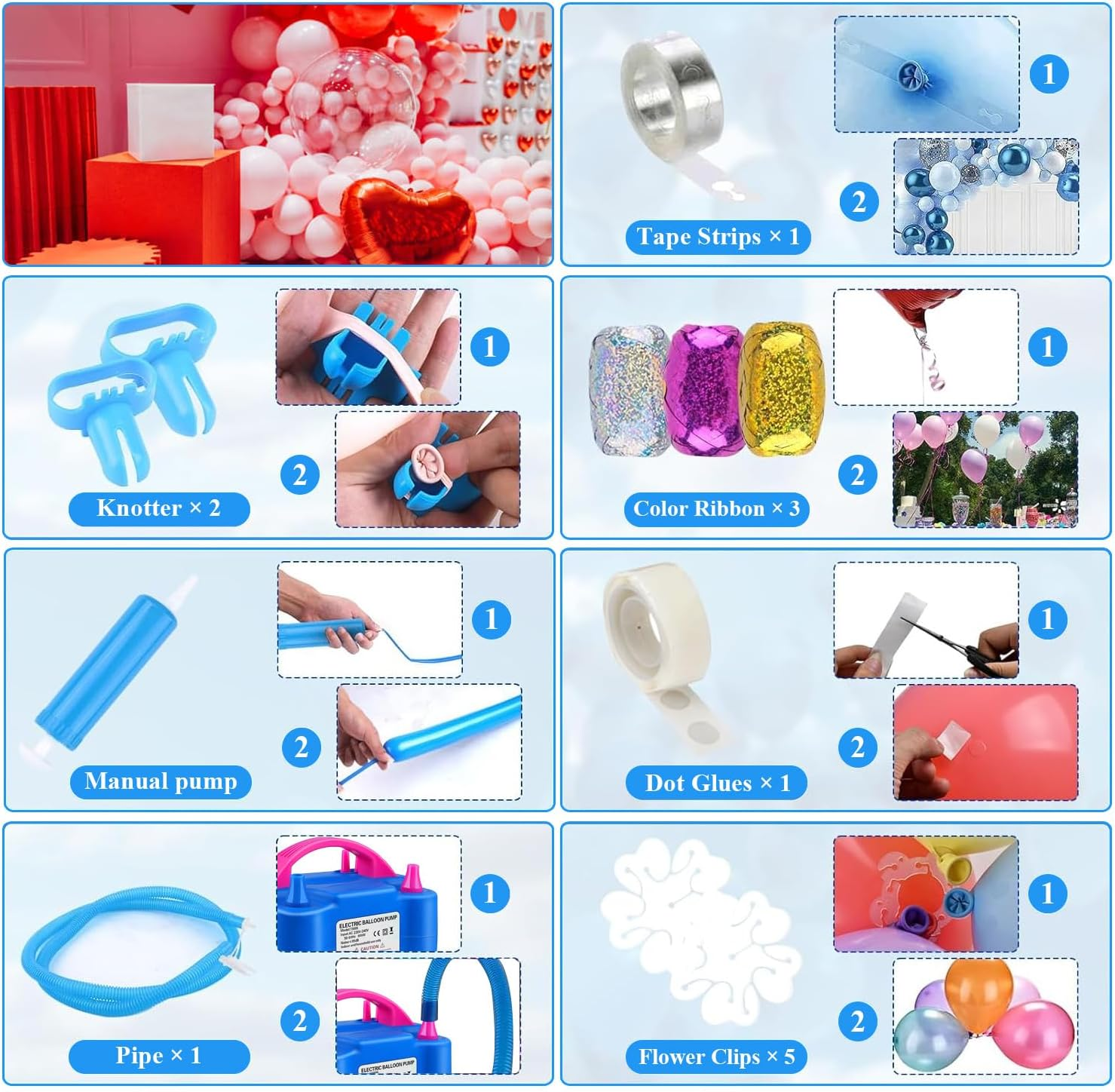 NOAEOU Electric Balloon Pump, Dual Nozzle 220V-240V 600W Balloon Inflator Portable Air Pump Balloon Blower with Tying Tool for Party Decorations