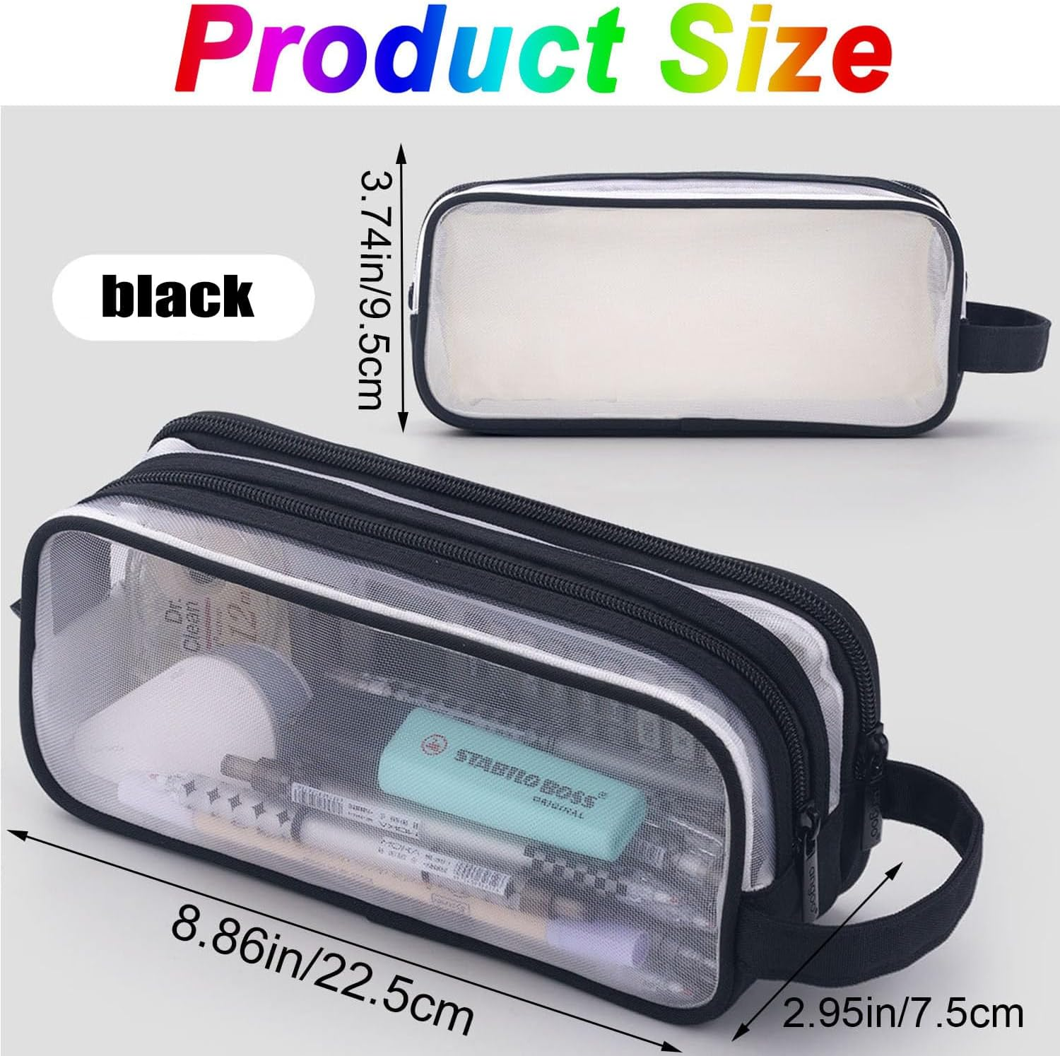 Grid Mesh Pen Pencil Case with Zipper, 2 Compartment Clear Pencil Case Pouch, Clear Zipper Transparent Stationary Makeup Bag, Multi-Purpose Transparent Stationery Bag (Black) image number 5