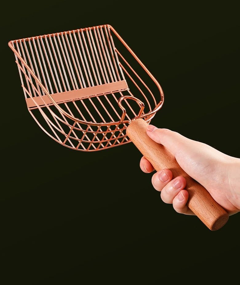 Cat Litter Scoop, Large Stainless Steel Sifter with Wooden Long Handle,Kitty Metal Deep Shovel Scooper,Poop Sifting, Kitten Pooper Lifter for Litter Box with Hook (Rose, 1 Pcs)