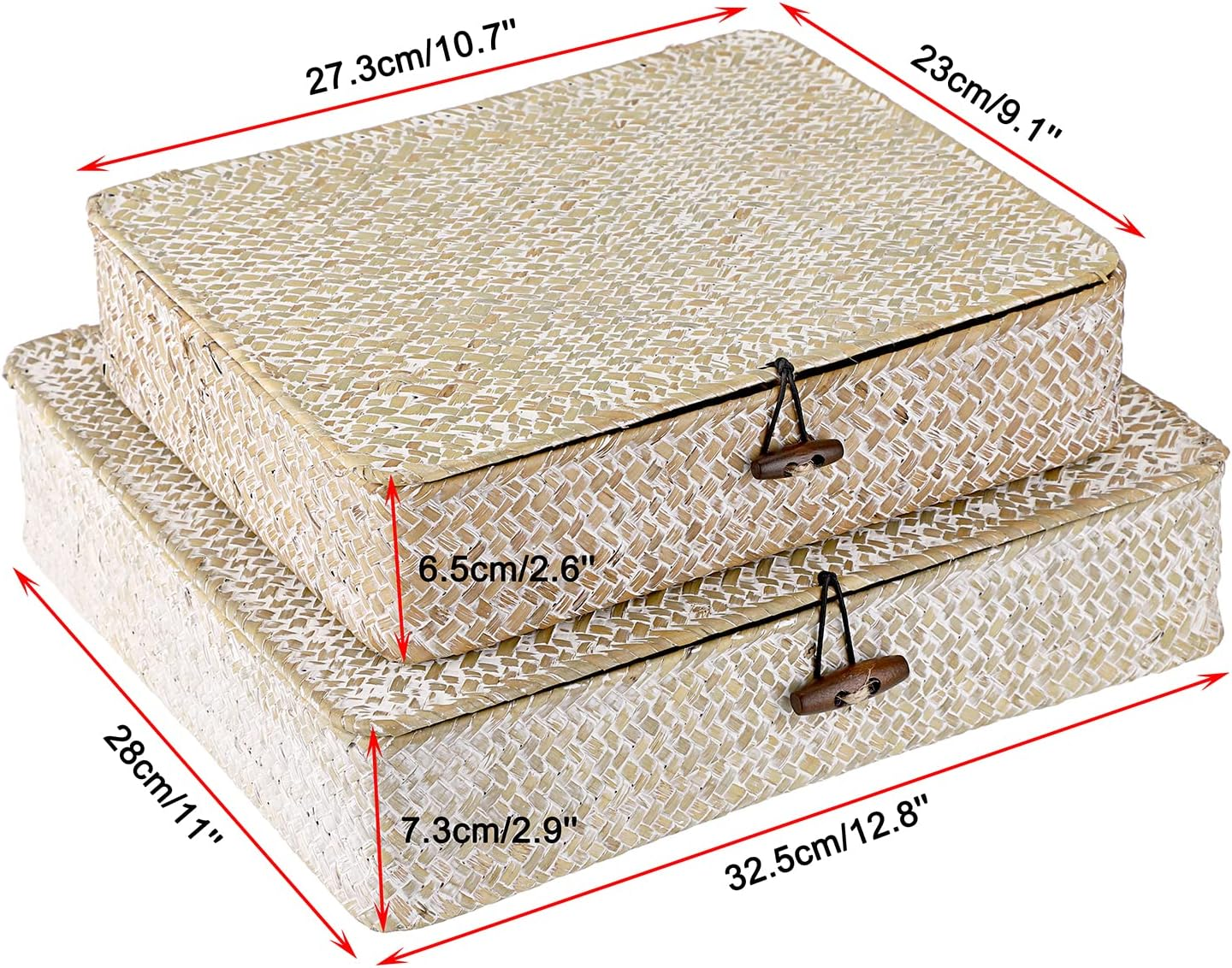 SUMNACON 2 X Rattan Baskets Made of Natural Seagrass with Lid Handmade Storage Box Storage Baskets Organiser Basket for Kitchen Bathroom Bedroom Large + Small (Rectangular, White)