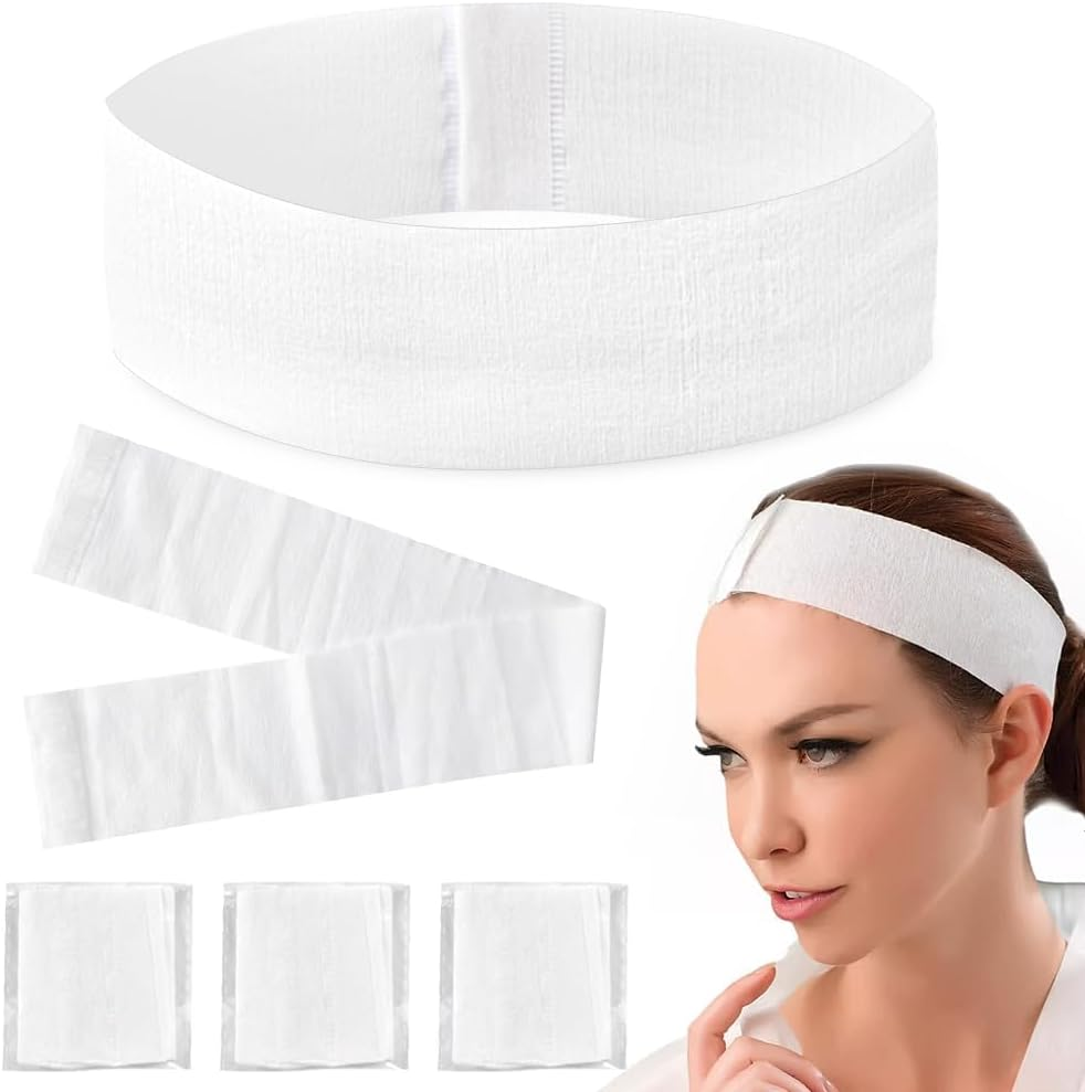 50PCS Disposable Spa Facial Headbands Elastic Non-Woven Headband with Magic Tape Stretch Soft Skin Care Hair Band with Straps for Salons Supplies White image number 4