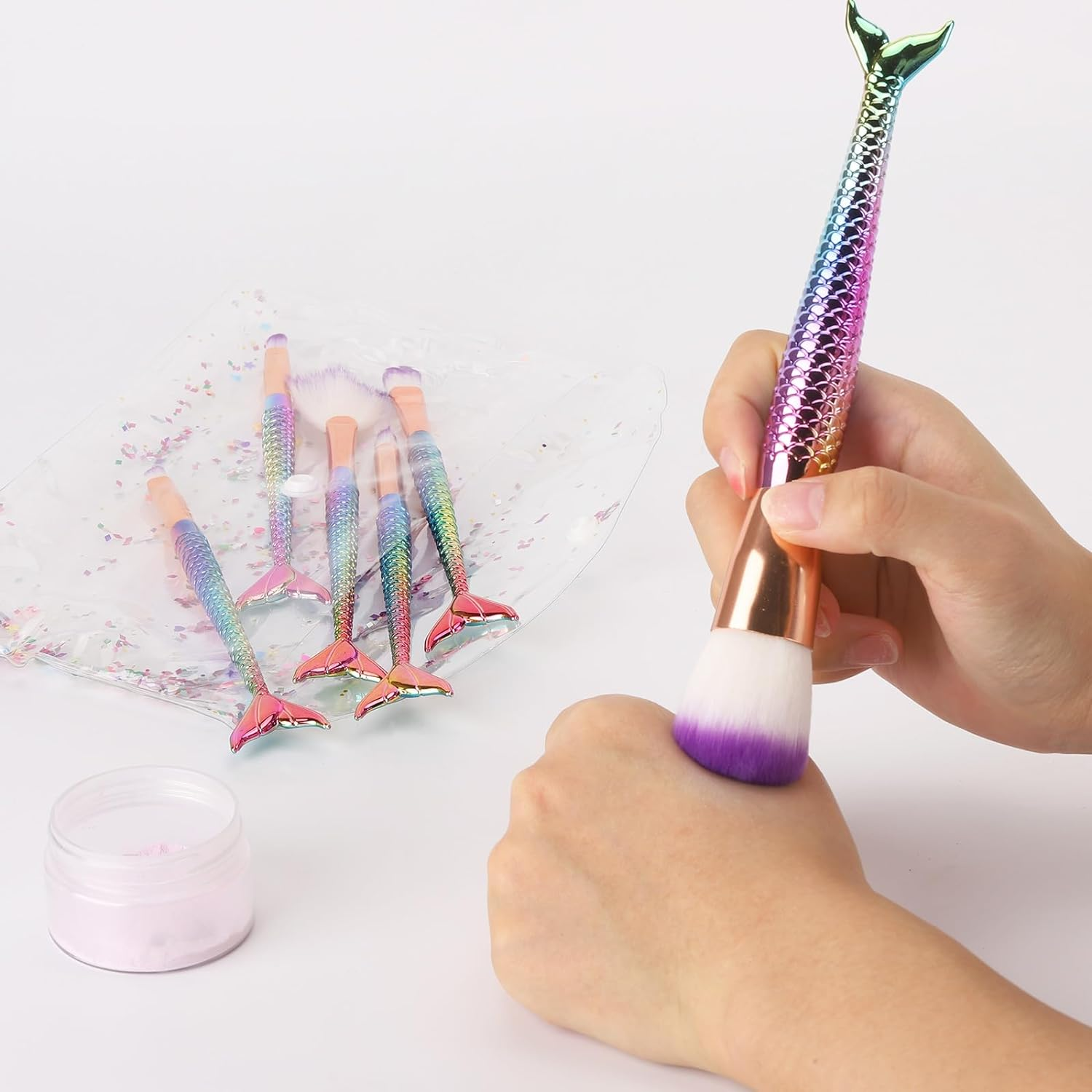 10 Pcs Mermaid Makeup Brushes, Premium Synthetic Foundation Powder Concealers Eye Shadows Blush Makeup Brush Set image number 6