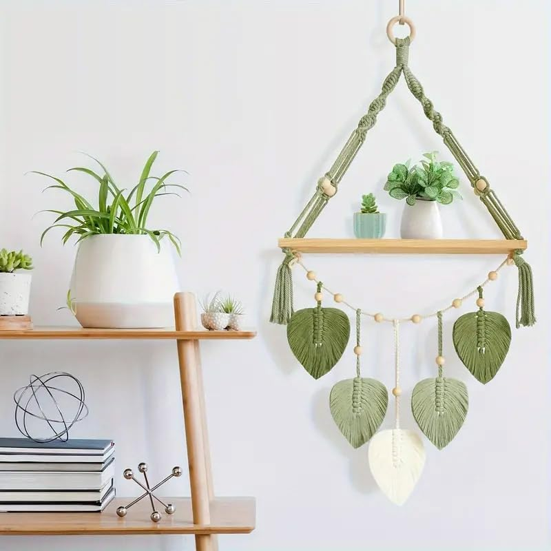 AIMALL 1 Piece Nordic Style Handmade Woven Tapestry Wall Hanging with Storage Rack, Pine Wood Frame, Leaves Design, 39X86Cm, Durable Decorative Shelf for Plants image number 5