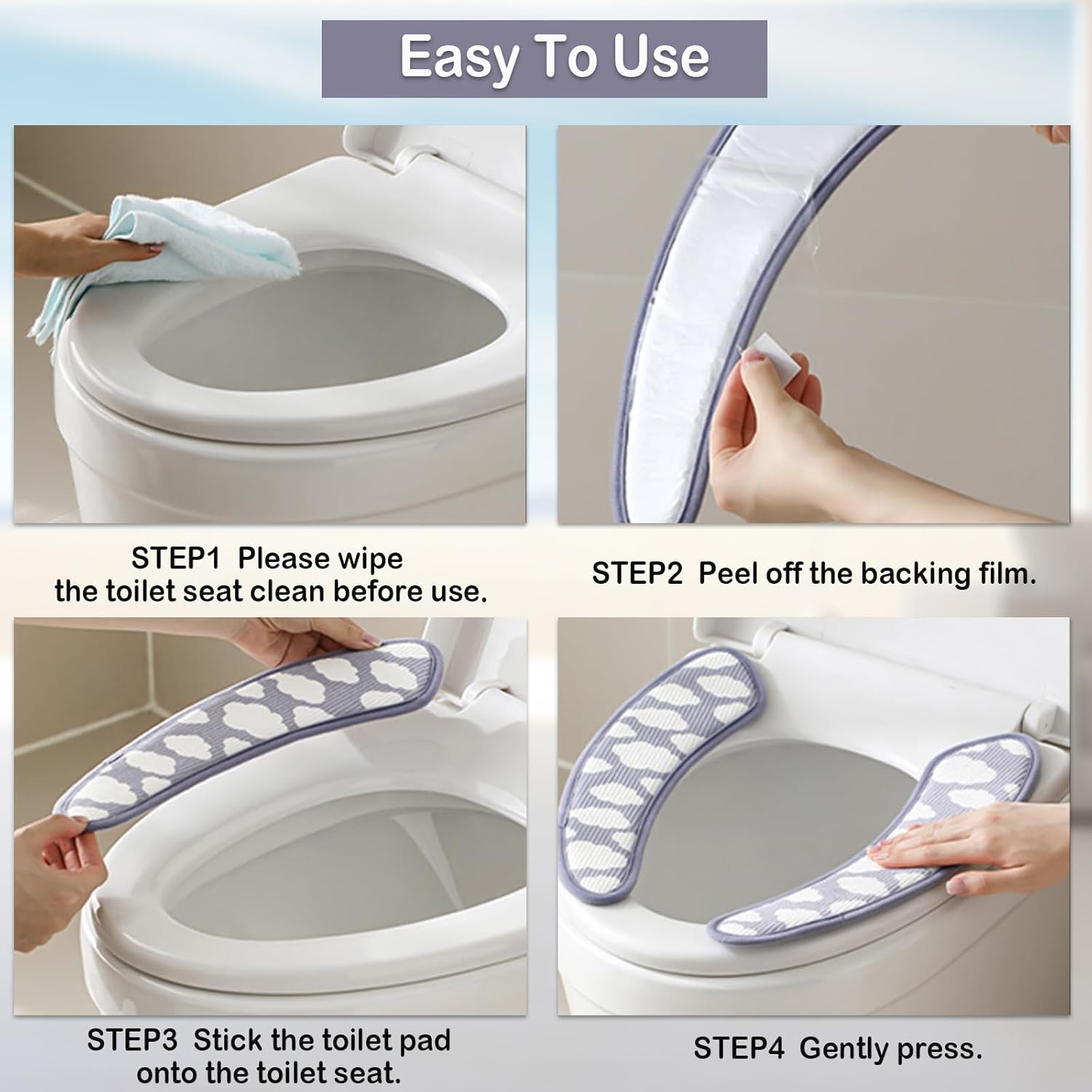 Thick and Warm Toilet Seat Cover &ndash; Washable, Reusable Cushion with TPR Adhesive & Cloud Pattern for Extra Comfort & Insulation (Blue) image number 6