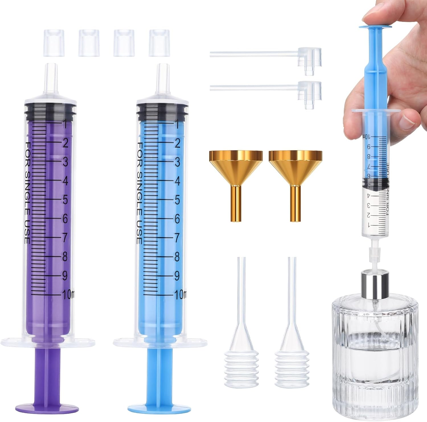 Segbeauty Perfume Cosmetic Transfer Tools, Include 2PCS 10Ml Fragrance Decanter Syringe, Funnel in Metal, Pipettes, Refill Pumps for Spray Bottle (Blue + Purple) image number 2