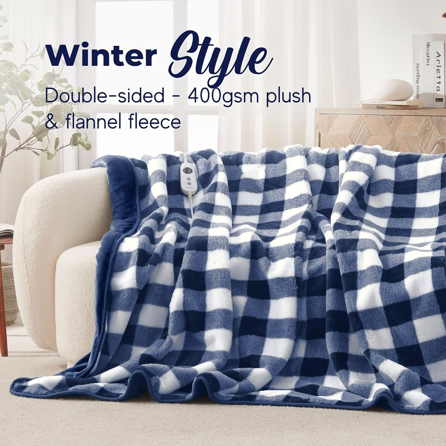 Dreamaker Gingham Plush Fleece & Warm Flannel Electric Heated Throw Blanket 200X180Cm Machine Washable Soft Plush Reversible Rug Energy Efficient Overheat Protection 9 Heat Settings - Midnight Blue